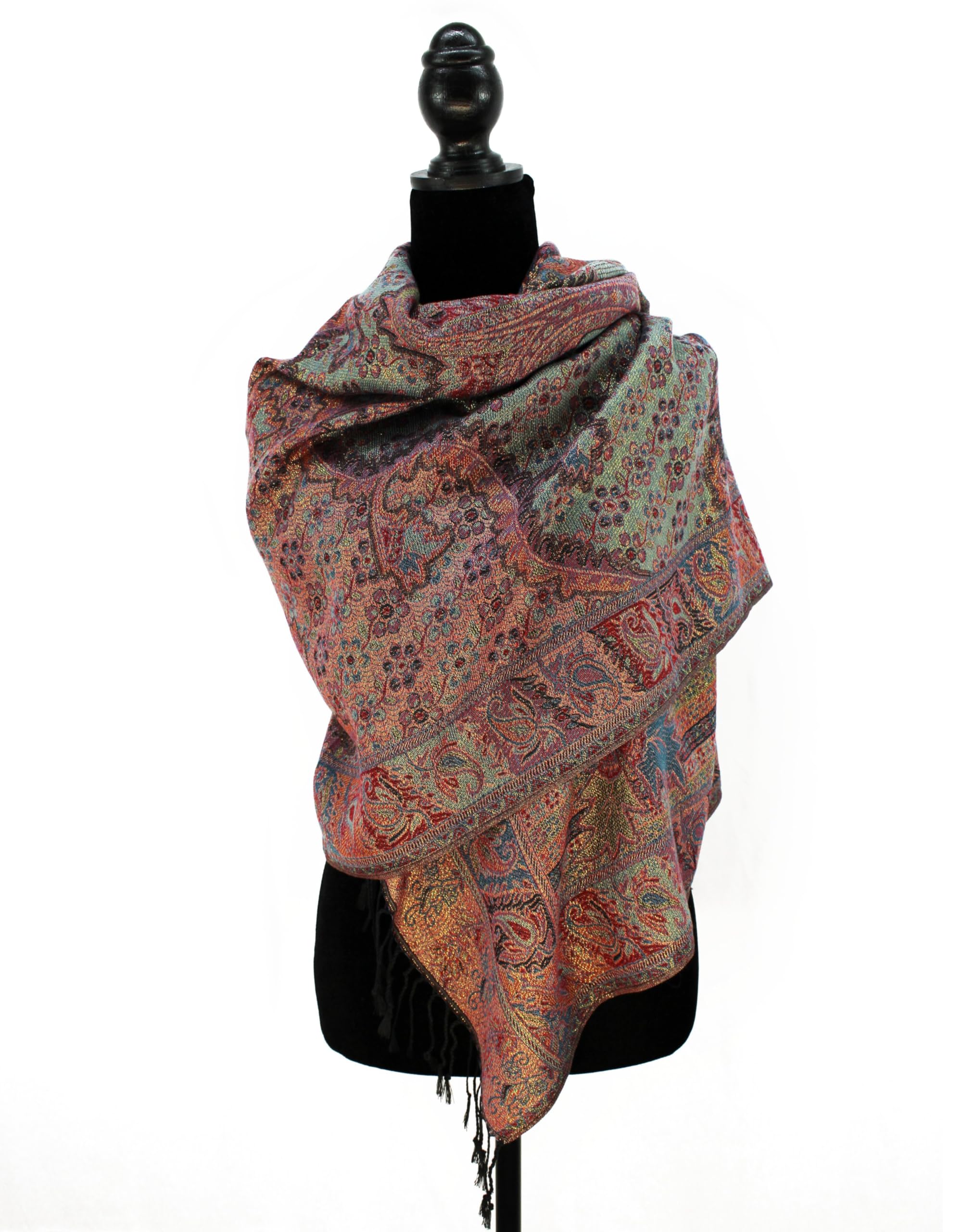 PASKMLNA Paisley Pattern Tow Layered Woven Pashmina Shawl Scarf Wrap Stole, Black Pk Metalic Paisley, Large
