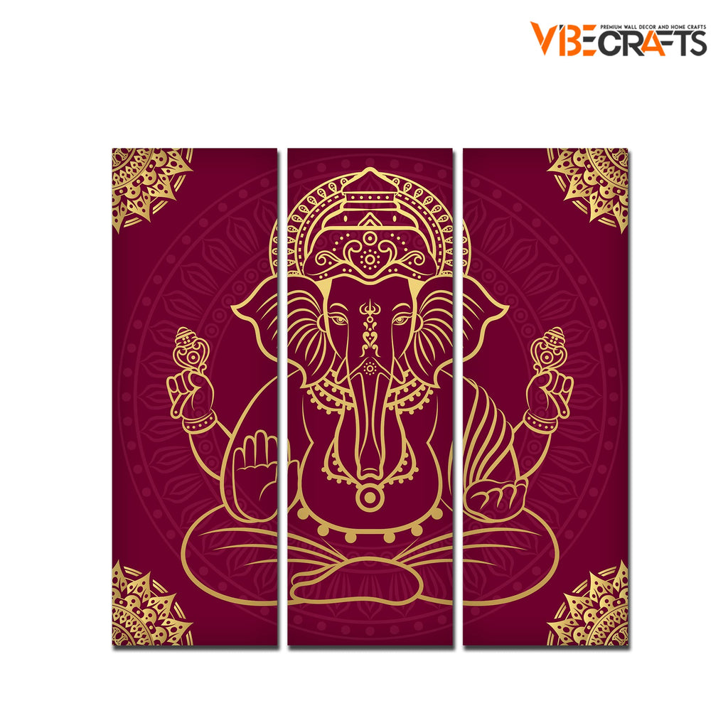 VIBECRAFTS Shree Ganesh Ji 3 Pieces Canvas Wall Painting Fitted With Wooden Frame For Home | Office | Living Room | Gifts (PTVC3Pcs1_9561)