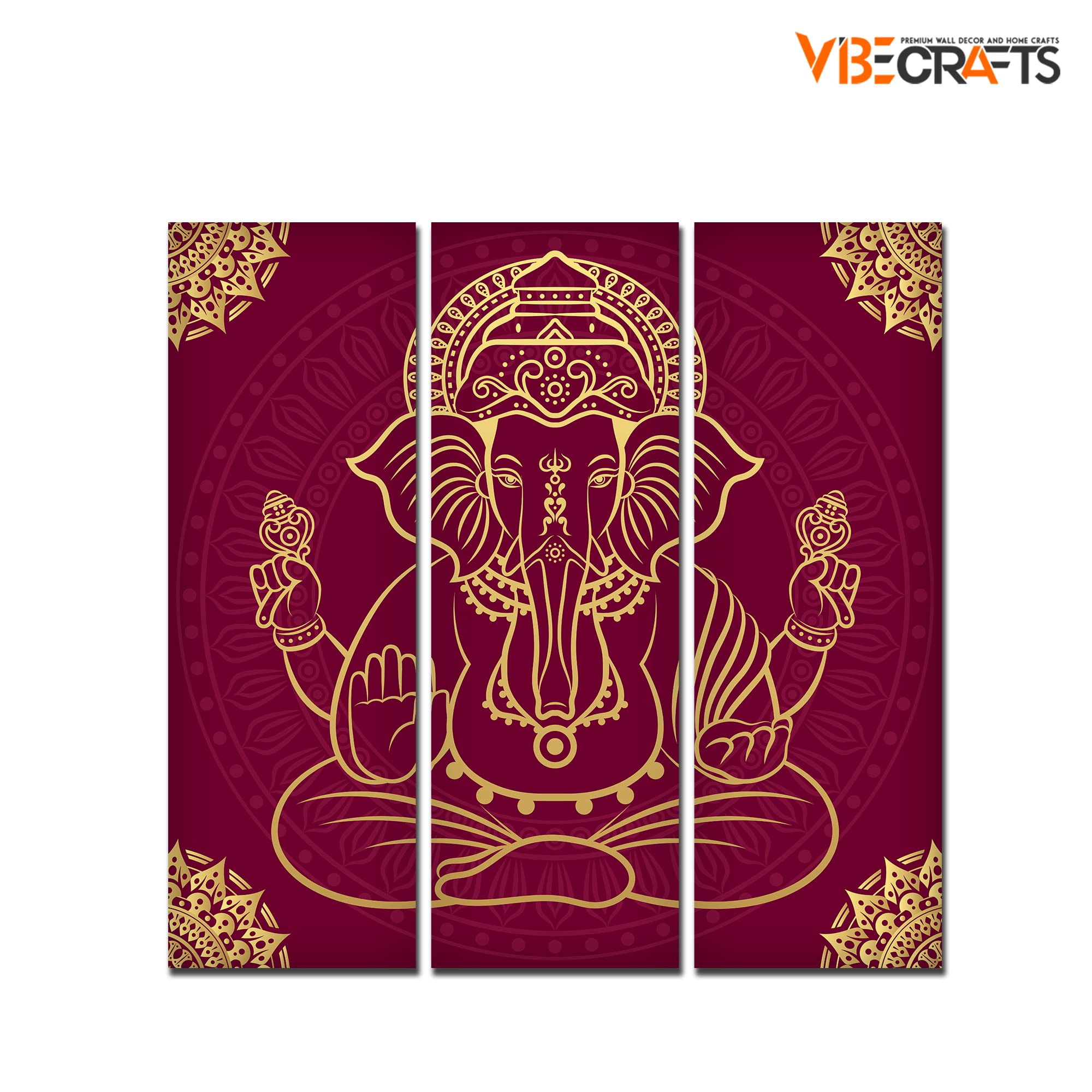 VIBECRAFTS Shree Ganesh Ji 3 Pieces Canvas Wall Painting Fitted With Wooden Frame For Home | Office | Living Room | Gifts (PTVC3Pcs1_9561)