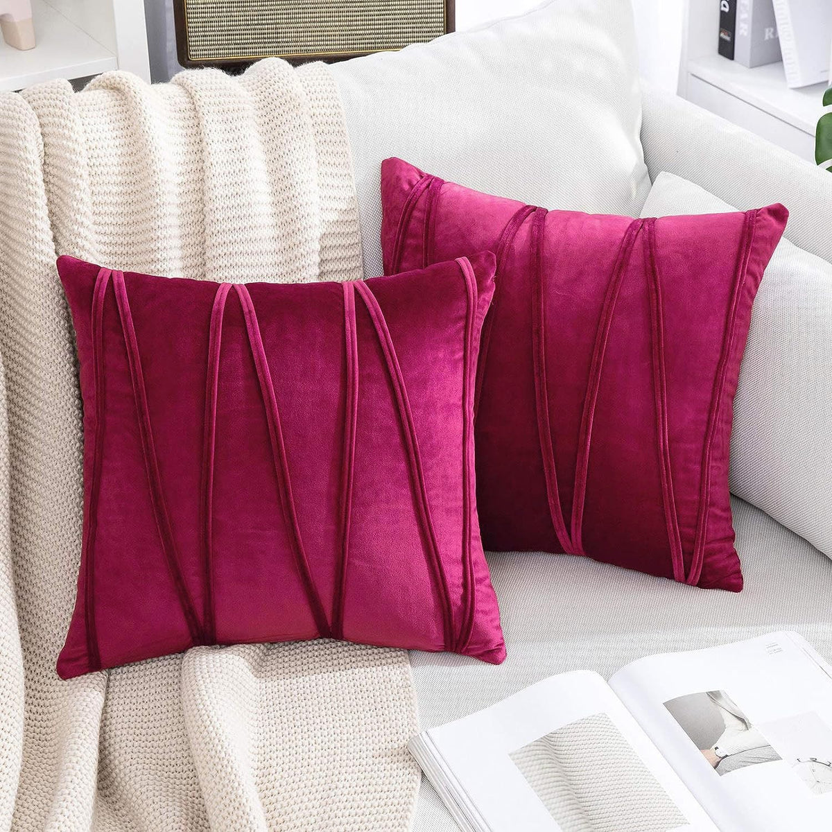 Khooti Velvet Striped Cushion Cover Pack of 1-36 x 36 / 91 x 91 cm | Pink | Soft Pillow Covers Cushion Case for Sofa Bedroom Livingroom Chair Car, Cushion Cover with Zig Zag Pattern