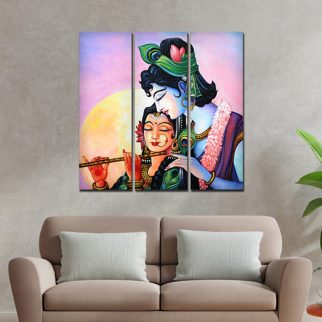 VIBECRAFTS Shri Radha Krishna With Flute 3 Pieces Canvas Wall Painting Fitted With Wooden Frame For Home | Office | Living Room | Gifts (PTVC3Pcs1_9534)