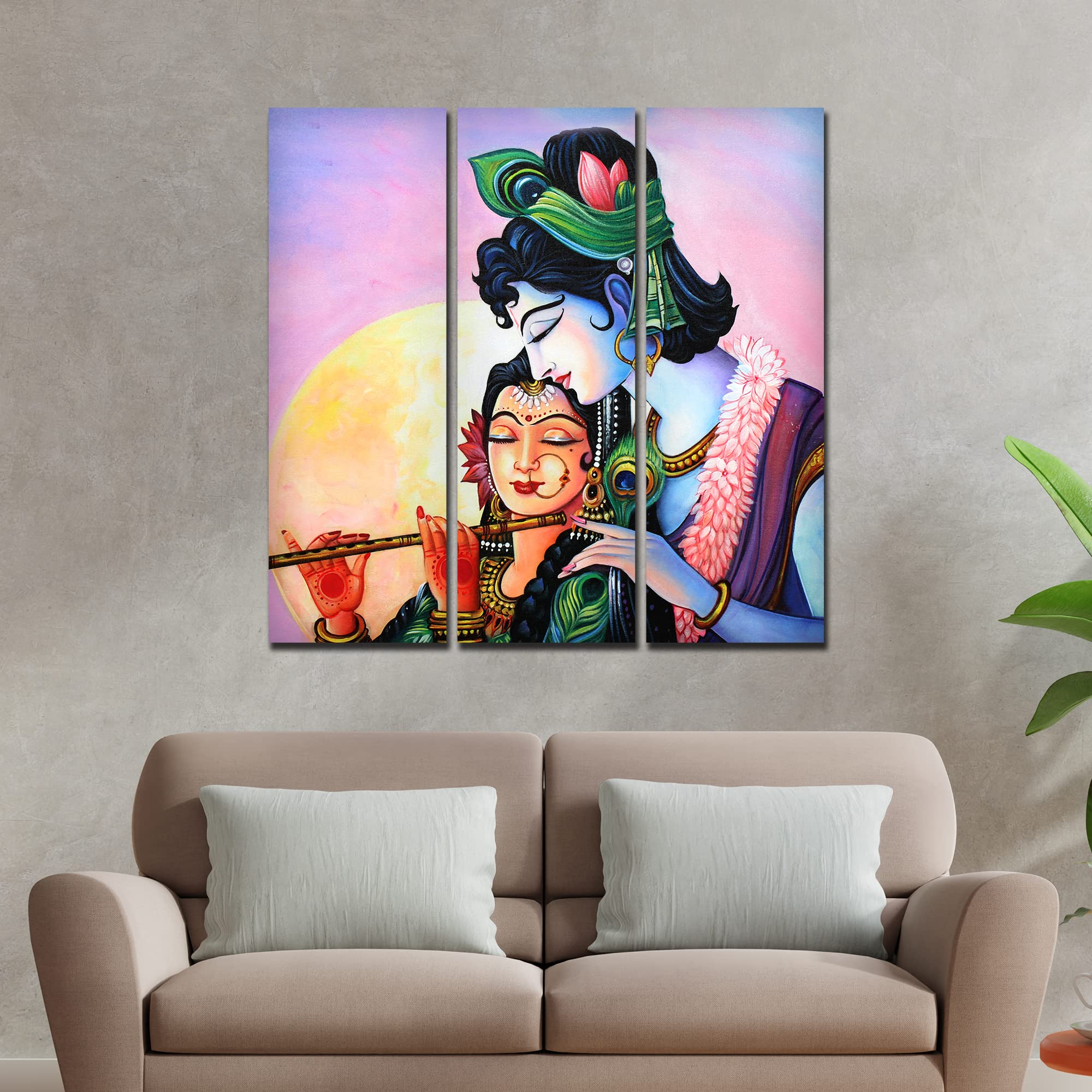VIBECRAFTS Shri Radha Krishna With Flute 3 Pieces Canvas Wall Painting Fitted With Wooden Frame For Home | Office | Living Room | Gifts (PTVC3Pcs1_9534)