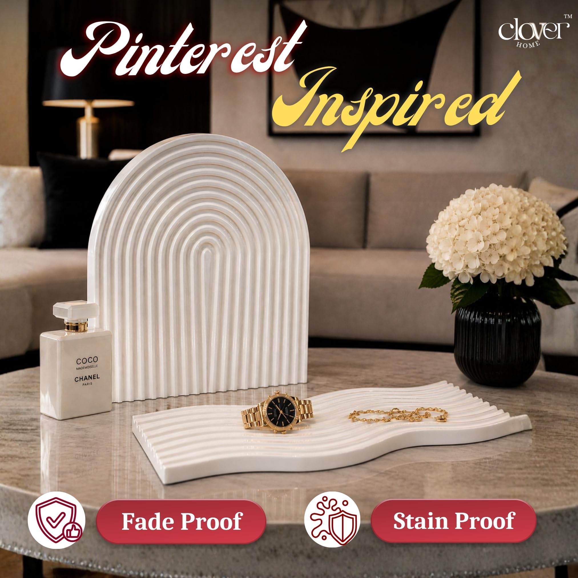 Clover Home Ribbed Decorative Tray Set | 10 inch Wavy and 9 inch Arch Tray | Aesthetic Showpiece for Room Decor | Large Vanity & Trinket Tray, Shelf Decor | Pinterest Inspired Home Decor Gift (White)