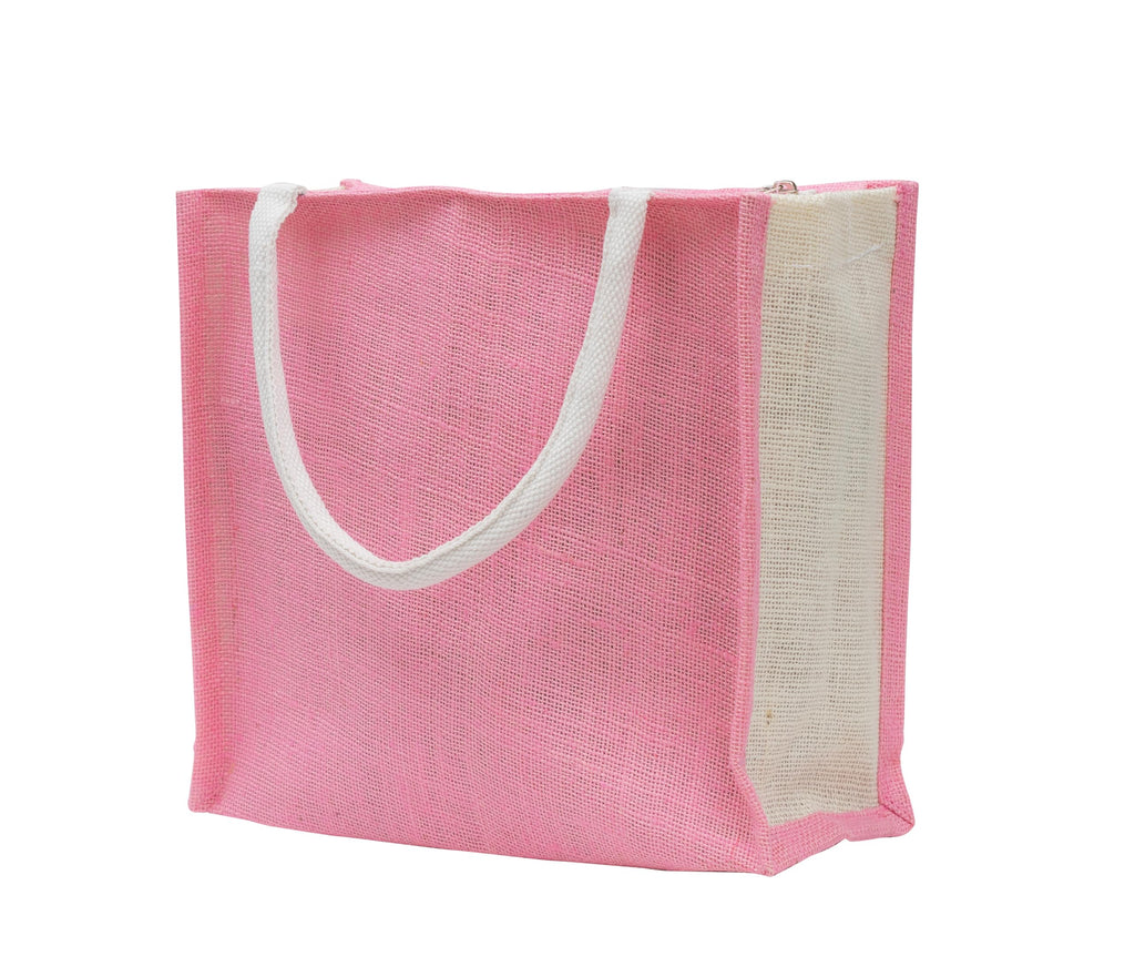JUTEKA Multicolor Jute Bag for Shopping, Lunch, Tiffin, Grocery with Zip Closure and Padded Cotton Handles… (Pink)