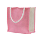JUTEKA Multicolor Jute Bag for Shopping, Lunch, Tiffin, Grocery with Zip Closure and Padded Cotton Handles… (Pink)