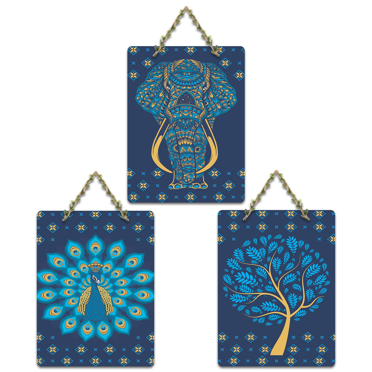 Artvibes Elephant & Peacock Aesthetic Modern Art Wooden Wall Hanger for Home Decor | Art For Wall | Door Decoration Items | Graphic Artwork | Aesthetic Wooden Decor | Unique Gift (WH_96150N), Set of 3