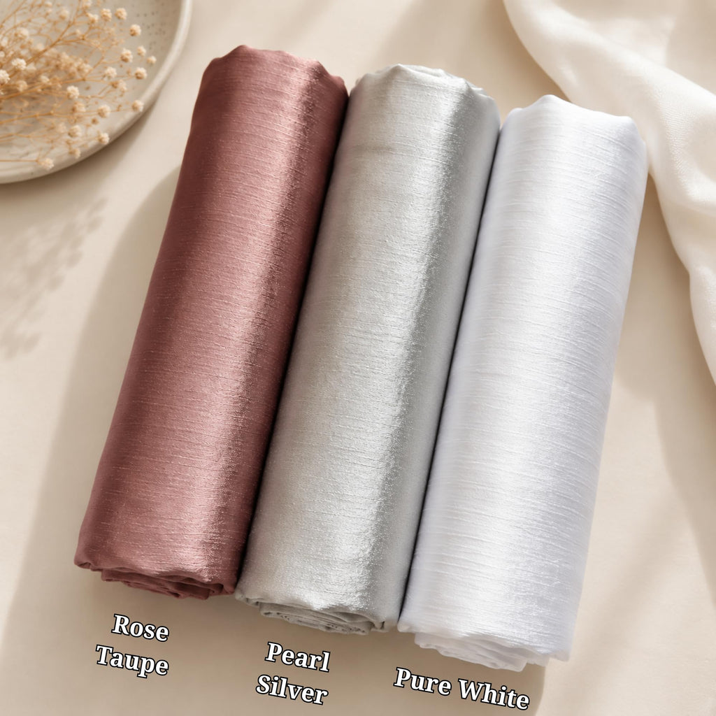 Leaf & FEATHER™ Muna Satin Hijab Scarf for Women | Pack of 3 Hijab Set | 200 x 70 cm | Silky Smooth & Lightweight | Premium Everyday Color Collection (8. Rose Taupe - Pearl Silver - Ivory White)