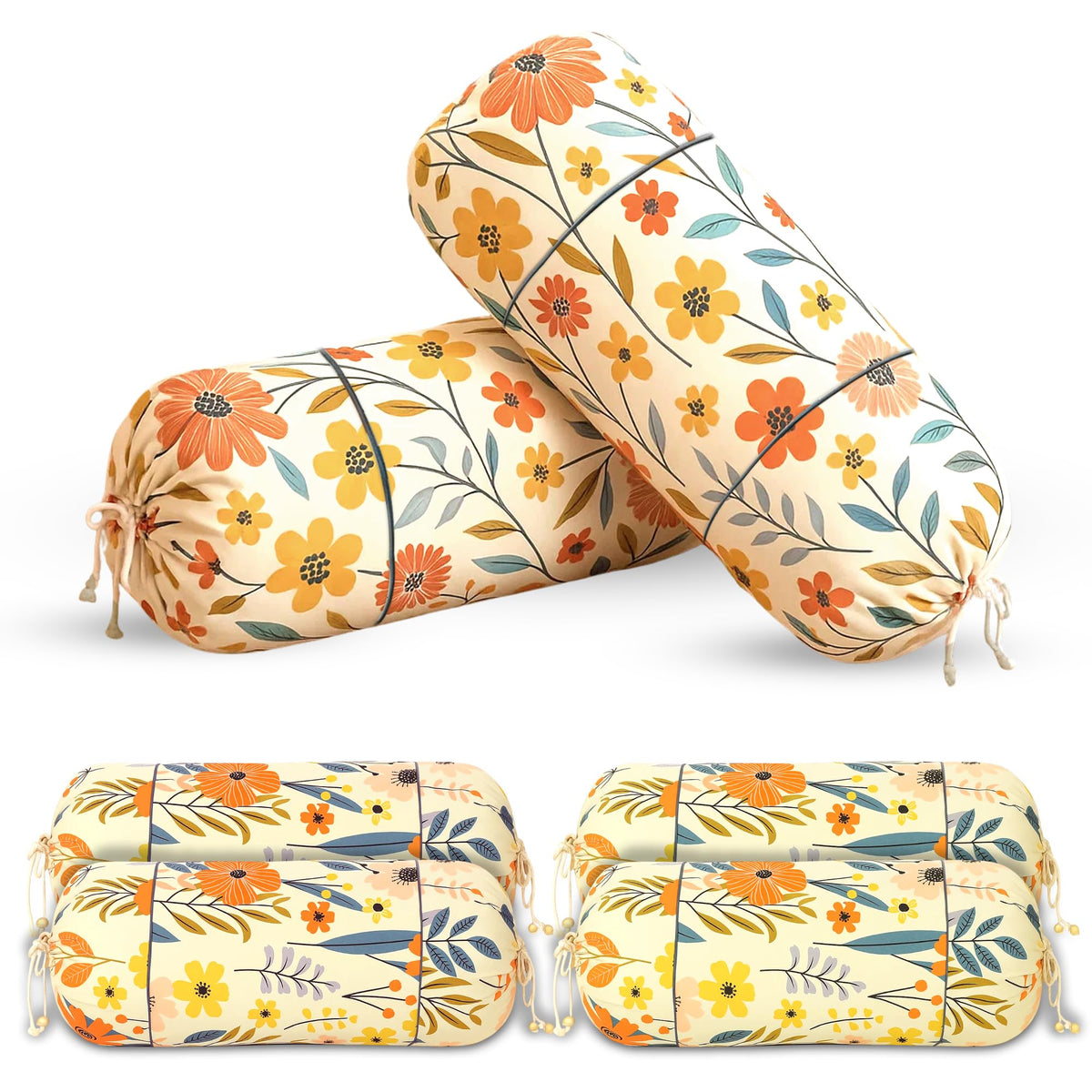 GLUN® Pack of 6 Multicolour Flower Printed Round Bolster Pillow Covers, Size 16 inch x 30 inch (40 x 75 cm, Cream) Printed Polyester Silk Fabric for Living Room or Bedroom, Stylish & Modern Covers