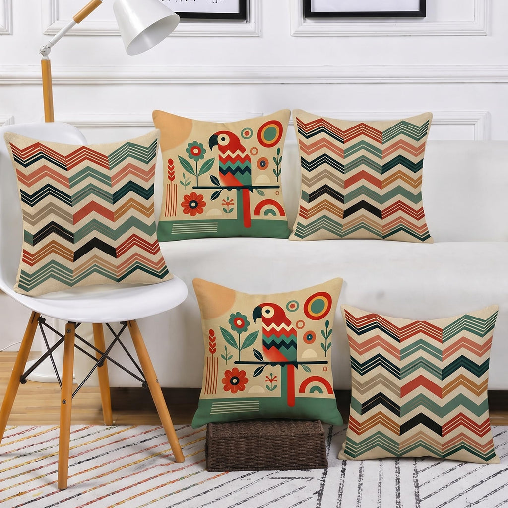 STITCHNEST Printed Satin Cushion Covers Colorful Parrot with Botanical & Geometric Chevron Design, 16x16 Inch, Pack of 5 for Artistic, Playful & Boho Home Styling