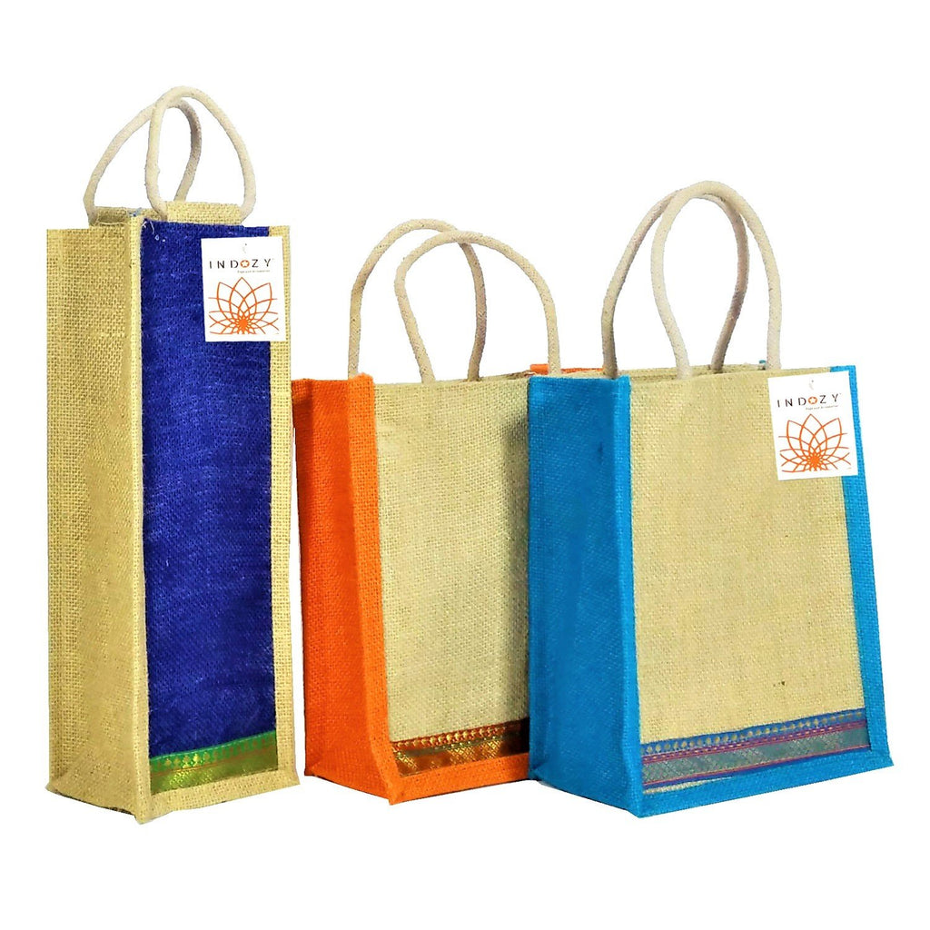 INDOZY Men's and Women's Jute Bag for Lunch Tiffin with Zip Plain Tote Combo (Multicolor)