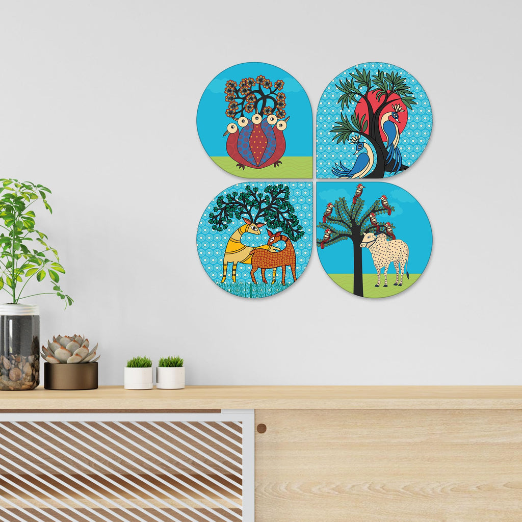 Artvibes Folk Art Decorative Wall Hanging Ornaments | Modern Decoration Items | Living Room | Bedroom | Office | Art Print | Aesthetic Wooden Decor | Handcrafted Art | Ideal Gifts (WH_8428N), Set of 4