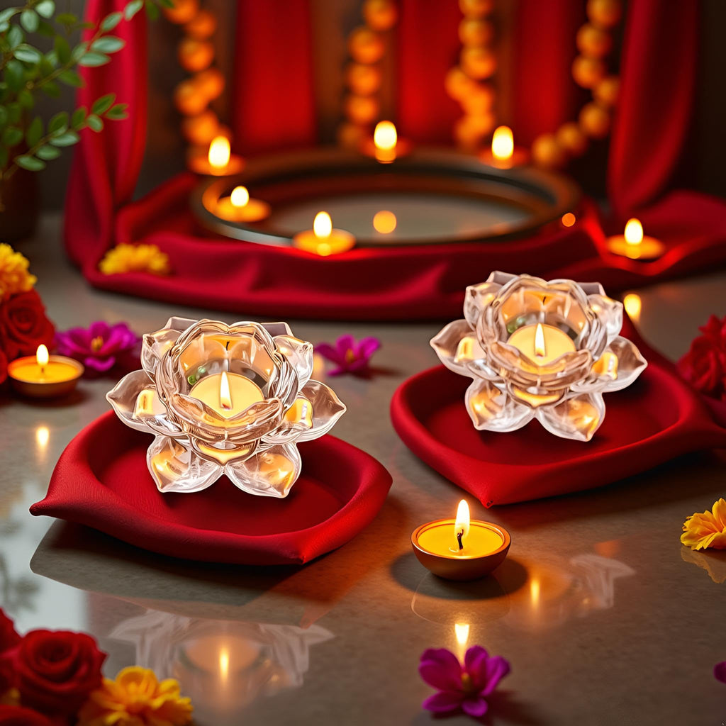 Saudeep India Set of 2 Diwali Tealight Candle Holders | Crystal Glass Lotus Decorative Tealights | Reusable Tea-Lights for Diwali Decoration, Pooja, Home Decor, Wedding & Festive Gifting