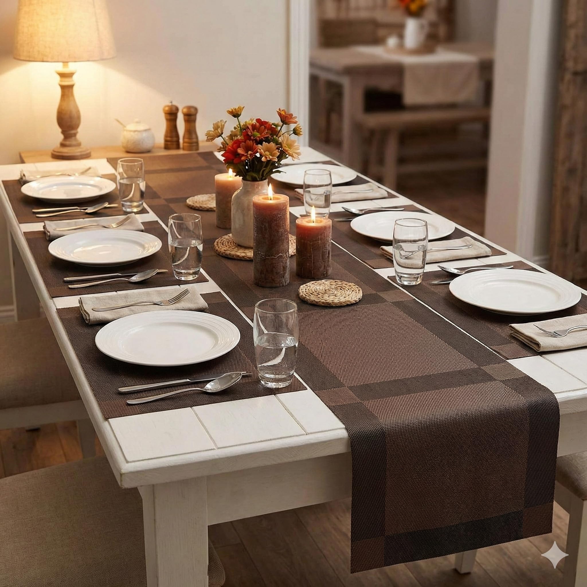 YELONA Dining Table Placemats and Runner Set - Heat Resistant, Washable, Stain Resistant Mats - Woven Vinyl Plastic - Easy to Clean-(45x30 cm 6 Placemats, 180x30 cm 1 Runner)-Ideal for Stylish Dining Kafalo