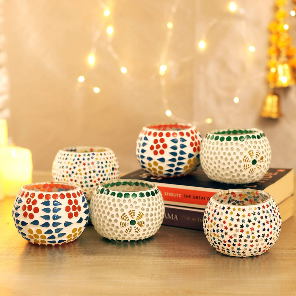 TIED RIBBONS Pack of 6 Mosaic Glass Votive Tealight Candle Holders for Dining Table - Decorations Items for Decor Living Room (Pack of 6, Glass) - Decorations Items for Home Office - Gifts