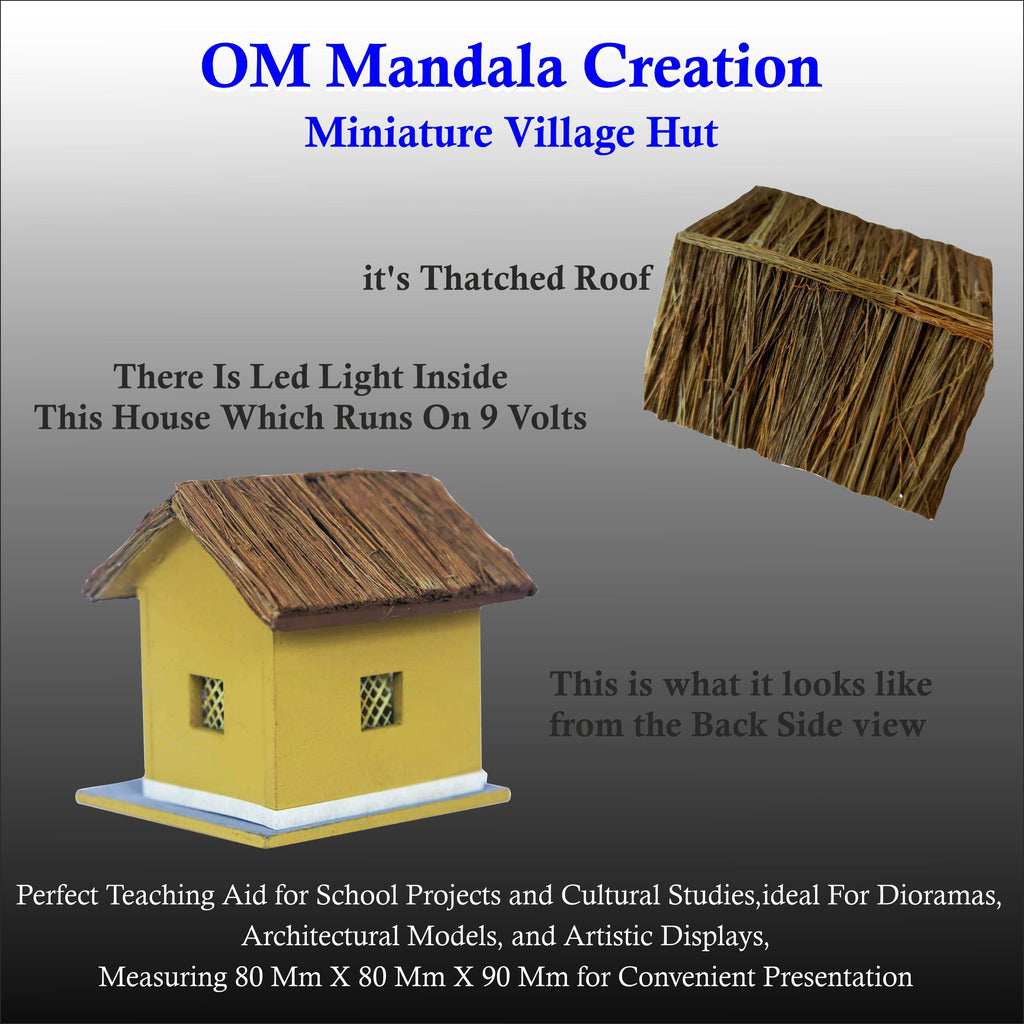 OM Mandala Creation Miniature Village Hut Model, Handcrafted Diorama with Thatched Roof, School Project Art and Craft Small Size 8cm X 8cm X 9cm