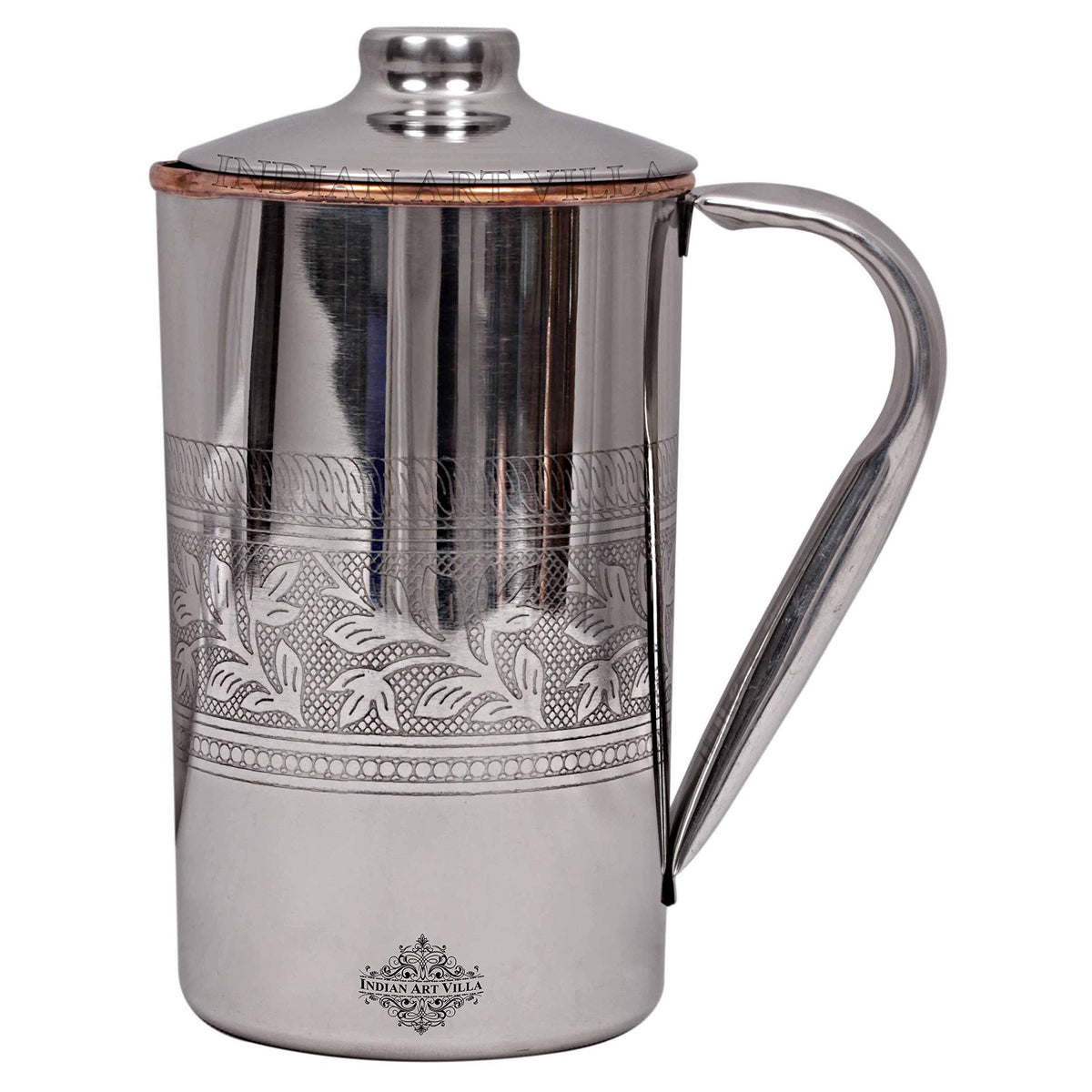 Indian Art Villa Steel Copper Embossed Design Jug Pitcher with Lid, Storage & Serving Water, Beneficial for Health, Volume-1500 ML