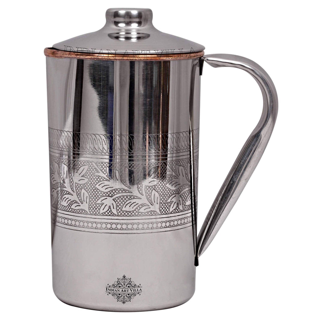 INDIAN ART VILLA Steel Copper Jug with Embossed Design, 2000 ml Drinkware & Serveware for Yoga and Daily Use