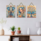 Artvibes Elephant Woman & Village Life Folk Art Decorative Wall Hanging Ornaments | Handcrafted Art | Festive Decor | Wall Illustrations | Paintings For Wall | Unique Gift (WH_9690N), Set of 3