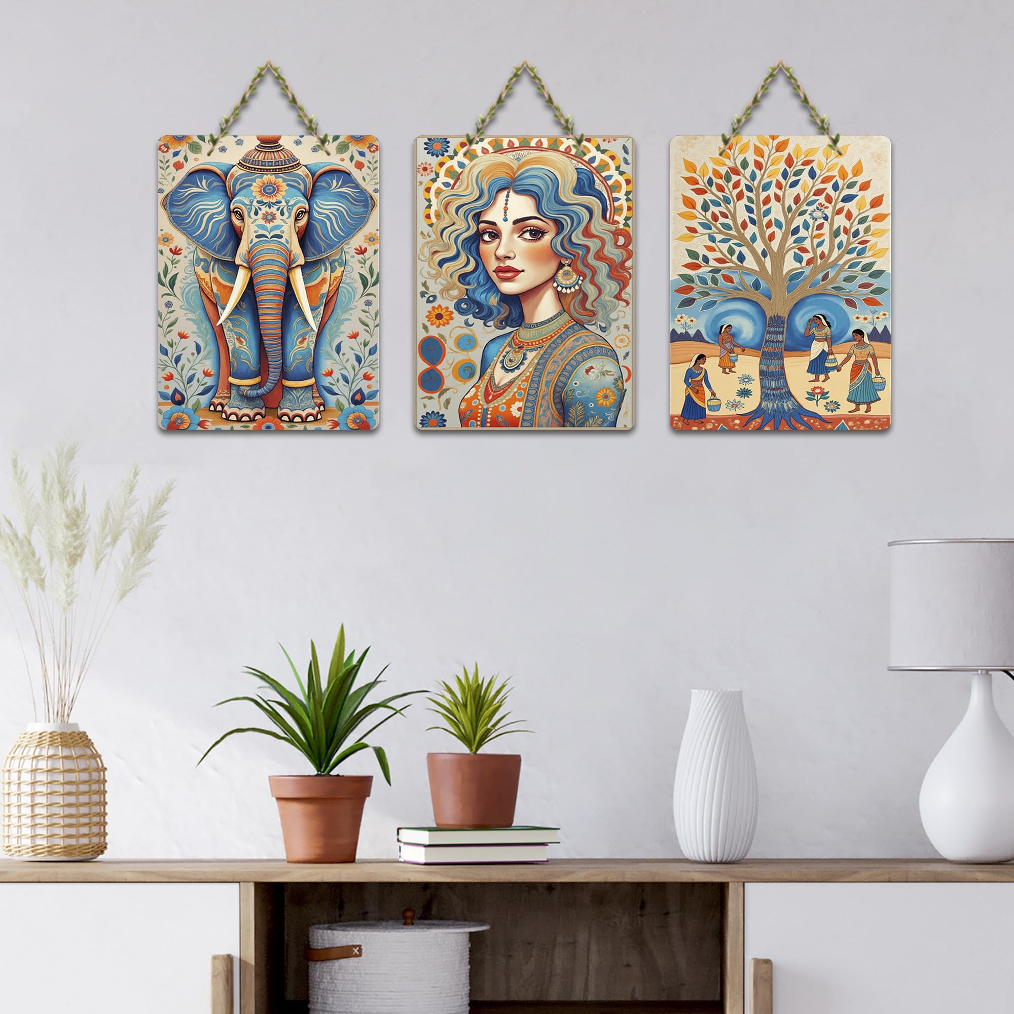 Artvibes Elephant Woman & Village Life Folk Art Decorative Wall Hanging Ornaments | Handcrafted Art | Festive Decor | Wall Illustrations | Paintings For Wall | Unique Gift (WH_9690N), Set of 3