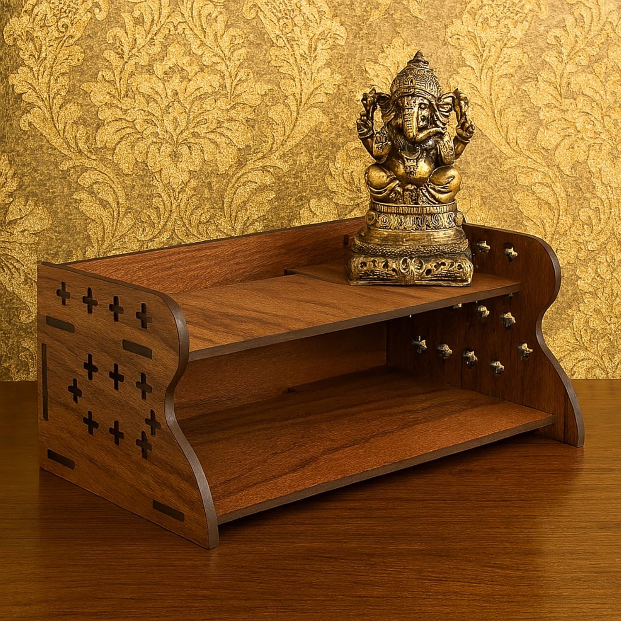 HOMEWEY DECOR Handcrafted Wooden Home Temple for Wall Mount | Premium Pooja Mandir with Strong Support for Heavy Idols | Luxurious Finish Wooden Mandir for Home Office and Prayer Room (Style-05)