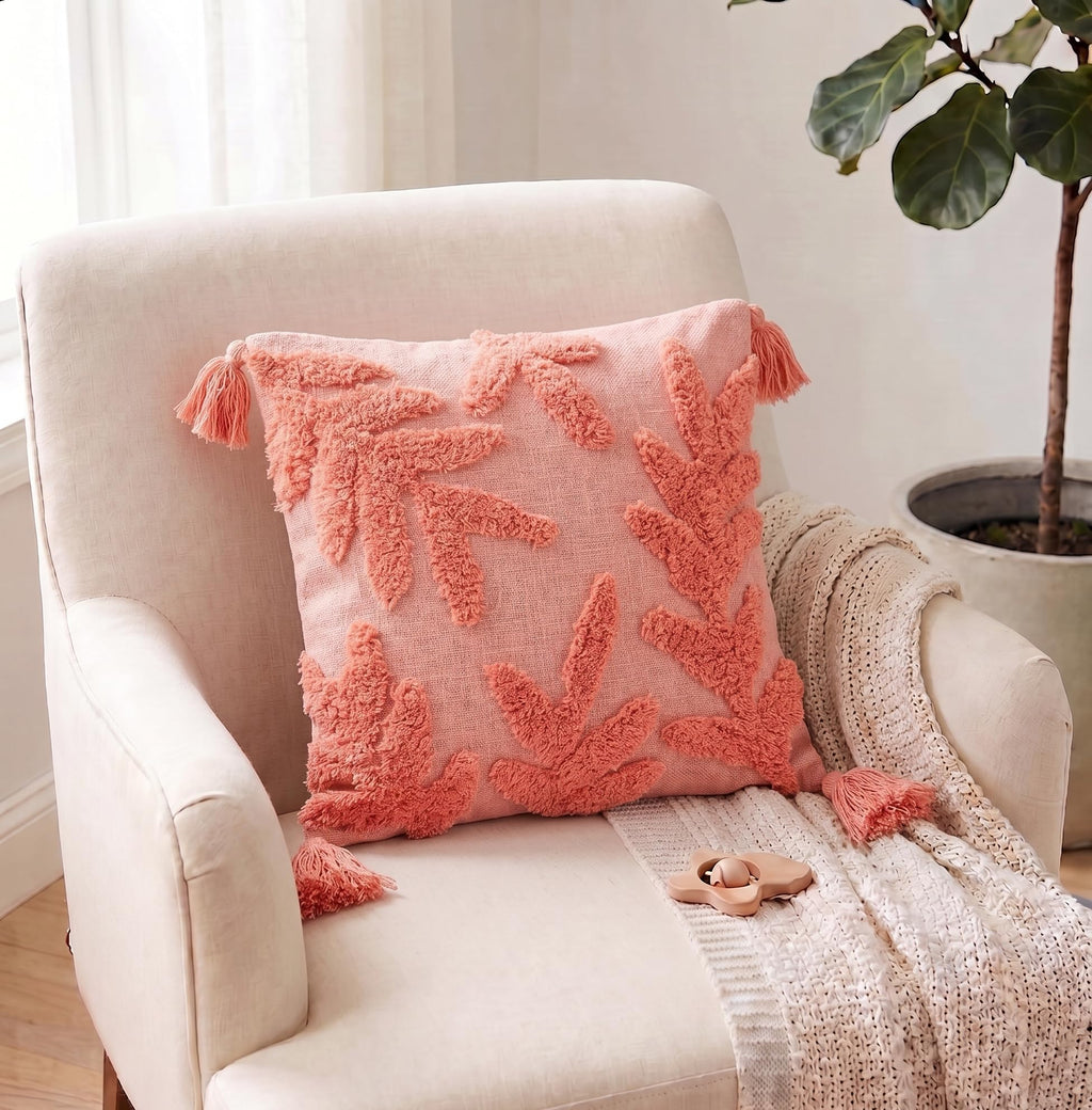 Furnistitchs Premium Decorative Throw Cushion Pillow Cover Boho Home Decor - Living Room Bedroom Couch Sofa Cushion Covers 16 inch x 16 inch (1, Peach Leaves)