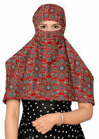 DEEPNYRA - LIVING STYLE Scarf Face Full Covering With Mask Head Hair Wrap Sun Protection For Women Cotton Printed Square All Season Wear (MARRON AJRAK CHAKRI)