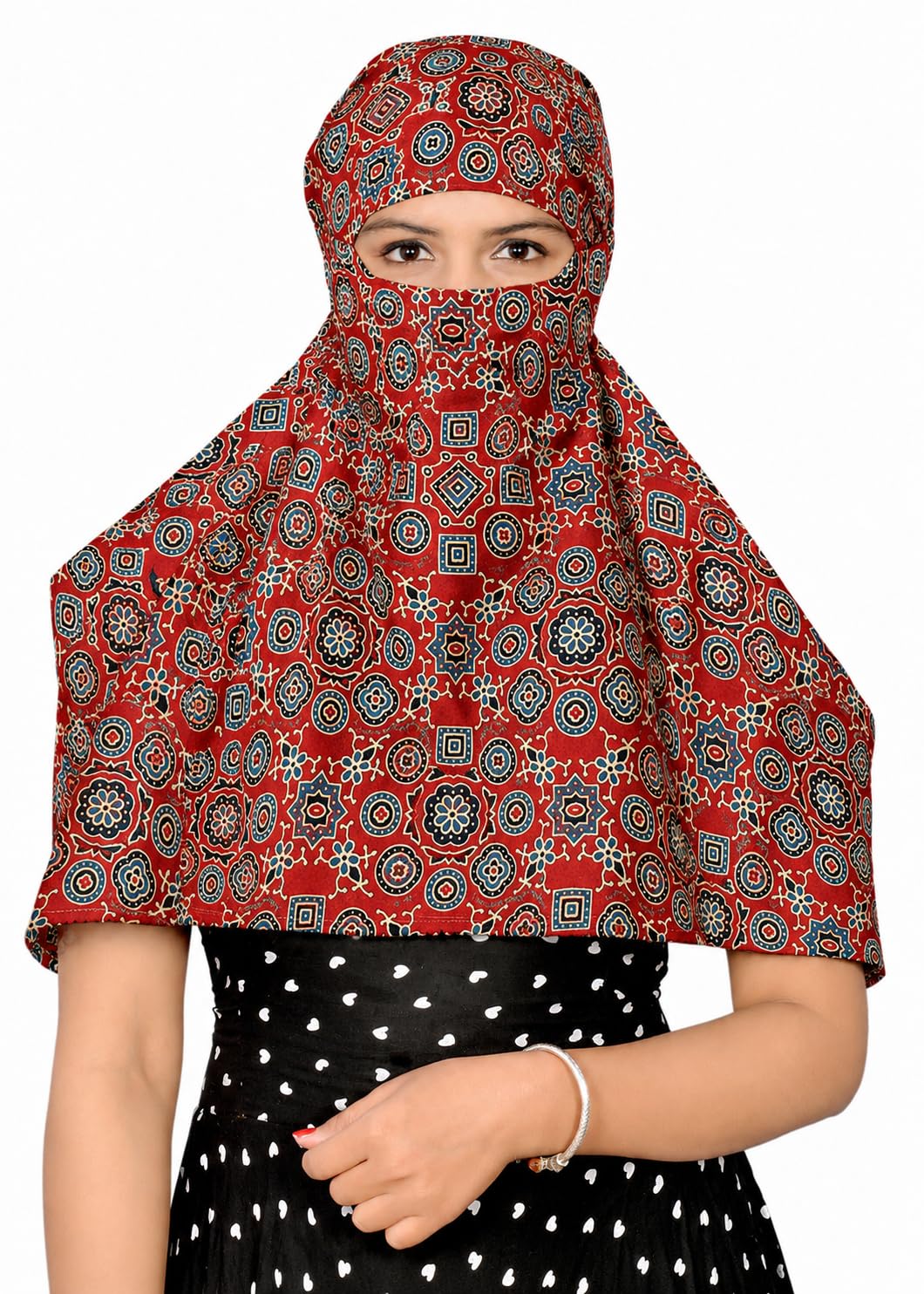DEEPNYRA - LIVING STYLE Scarf Face Full Covering With Mask Head Hair Wrap Sun Protection For Women Cotton Printed Square All Season Wear (MARRON AJRAK CHAKRI)