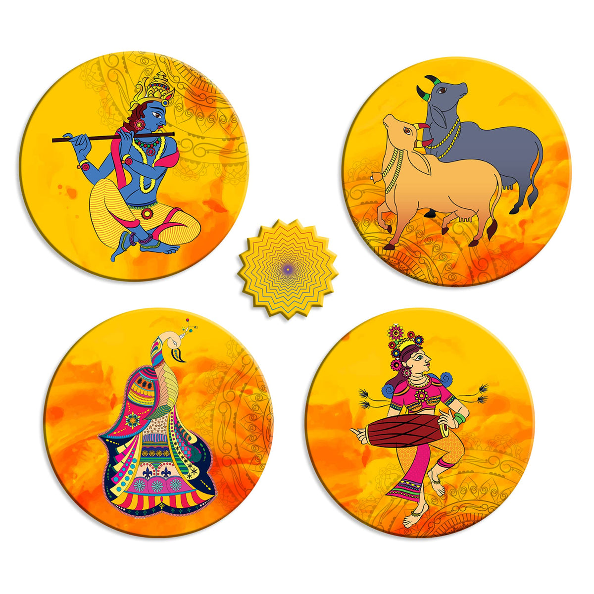 Artvibes Cows & Lord Shri Krishna Playing Flute Indian Art Wall And Door Hanging for Home | Spiritual Decor Items | Wall Poster | Artwork| Stylish Modern Decor Item | Gift Items (WH_5215N), Set of 2