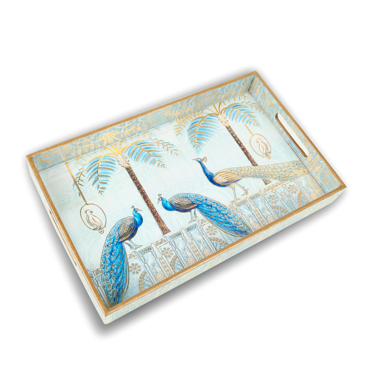 Luxury Peacock Serving Tray – Decorative Wooden Tray, Gold Engraved & Enamel Waterproof Finish, Coffee Table, Dining Room, Kitchen, Party & Home Decor (Majestic Peacock Tray Large)