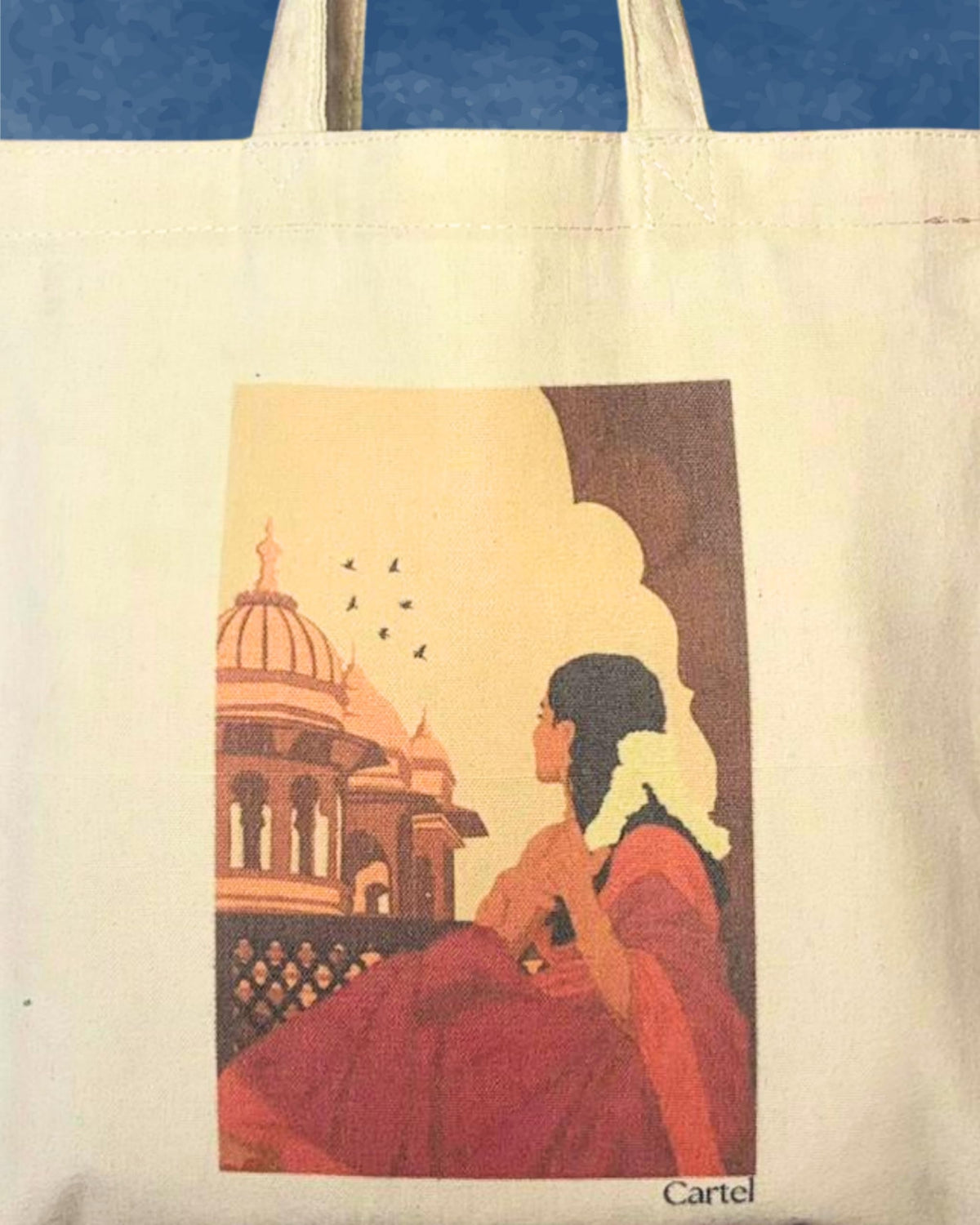 Cartel Cotton Tote Bag with Indian Architecture Print, Cream Colour (Retro, L)