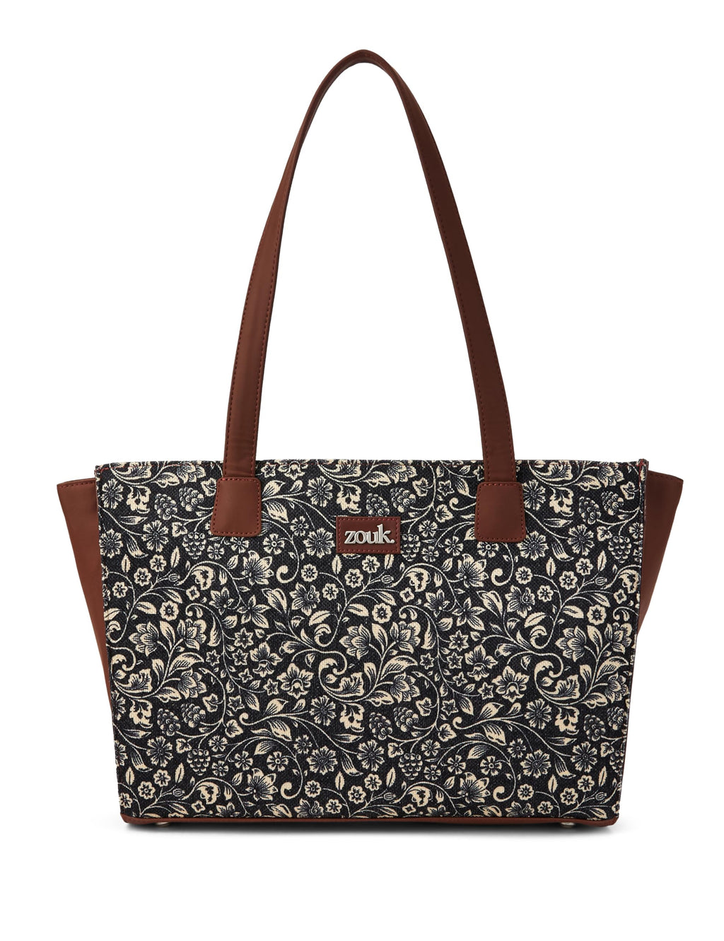 ZOUK FloMotif Floral Printed Jute Handcrafted Vegan Leather Women's Black Structured Tote Bag Contemporary