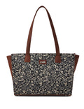 ZOUK FloMotif Floral Printed Jute Handcrafted Vegan Leather Women's Black Structured Tote Bag Contemporary