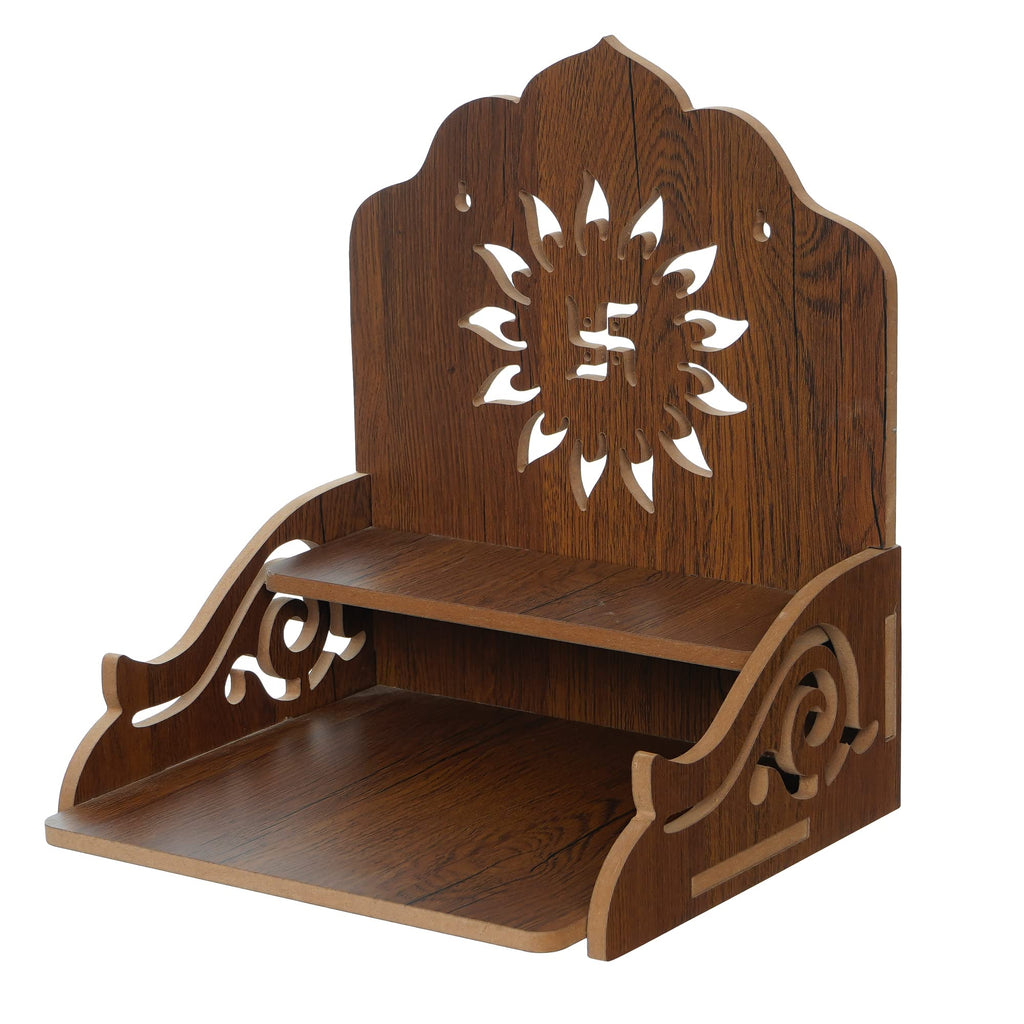 eCraftIndia Flower and Swastik Design Wooden Temple for Home with 3 Shelf | Pooja Mandir for God Idols, Sacred Spaces, and Daily Prayers | Home Temple | Diwali Decoration Items for Home Decor