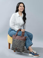 ZOUK Flomotif Floral Printed Women's Jute Handcrafted Vegan Leather Black Everyday Tote