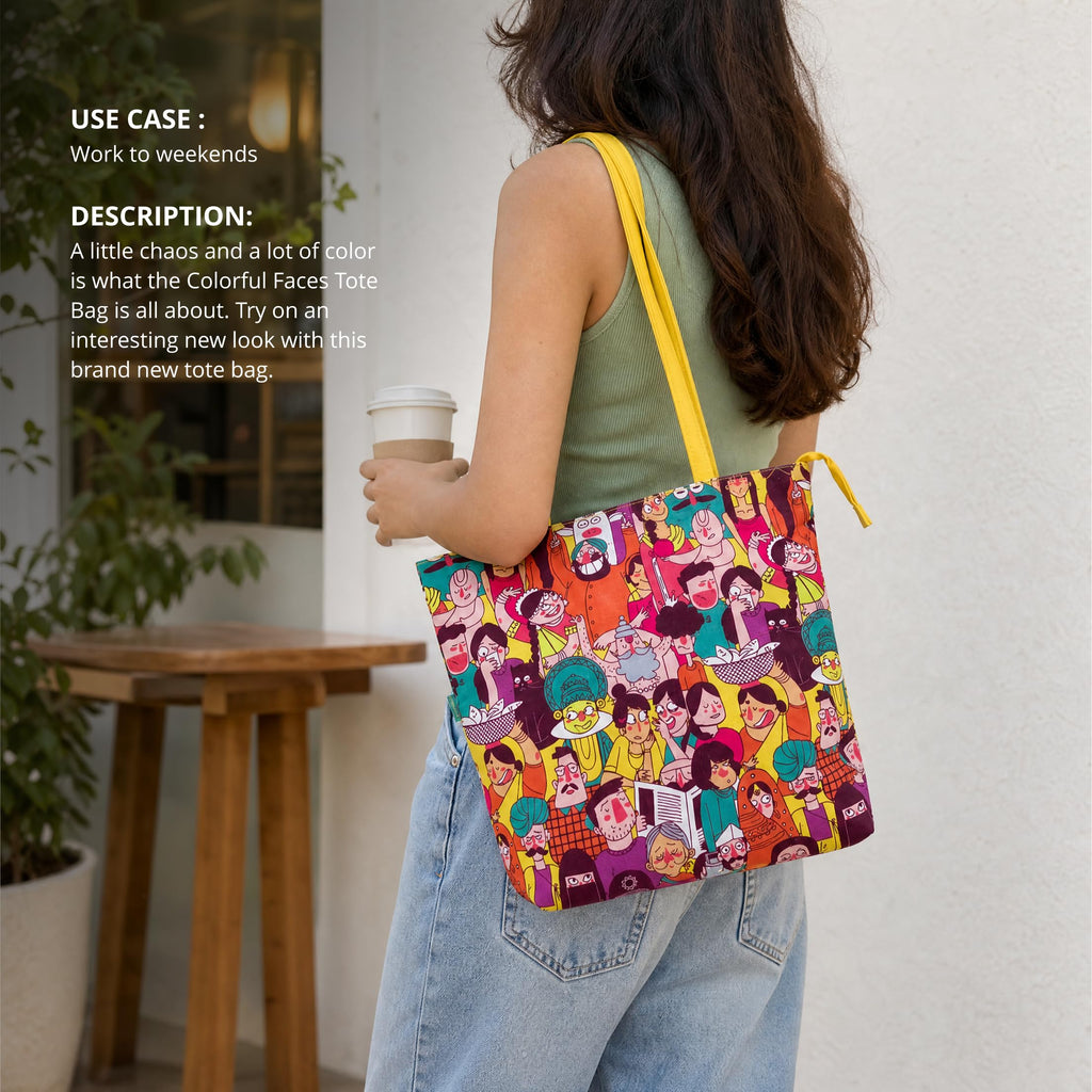 Chumbak Colorful Faces of India Tote Bag – Canvas Shoulder Bag, Ethnic Yellow Print, Stylish, Durable & Roomy for Daily Use