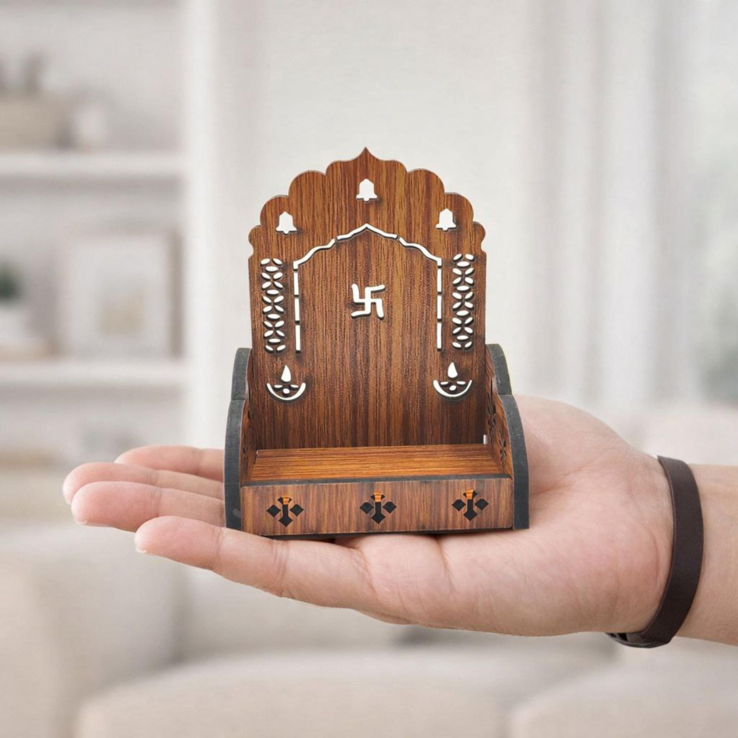 Mini Wooden Pooja Singhasan for Home Temple | Handheld Small Wooden Temple/Singhasan with Swastik Design | Compact Puja Stand for Idols Diya Incense