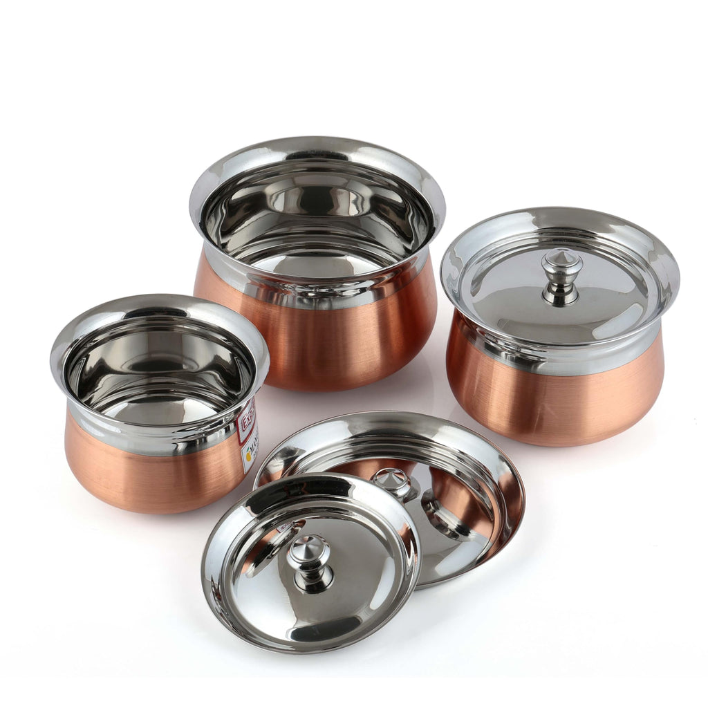 Expresso Steel Handi Set Copper Bottom Handi Set with Lid | Cookware Set of 3 Pieces Cooking Serving Bowl biryani Milk Hot Pot Pan Size - 600/1000/1500ml (Design 4)