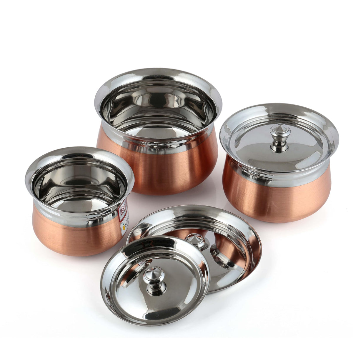 Expresso Steel Handi Set Copper Bottom Handi Set with Lid | Cookware Set of 3 Pieces Cooking Serving Bowl biryani Milk Hot Pot Pan Size - 600/1000/1500ml (Design 4)