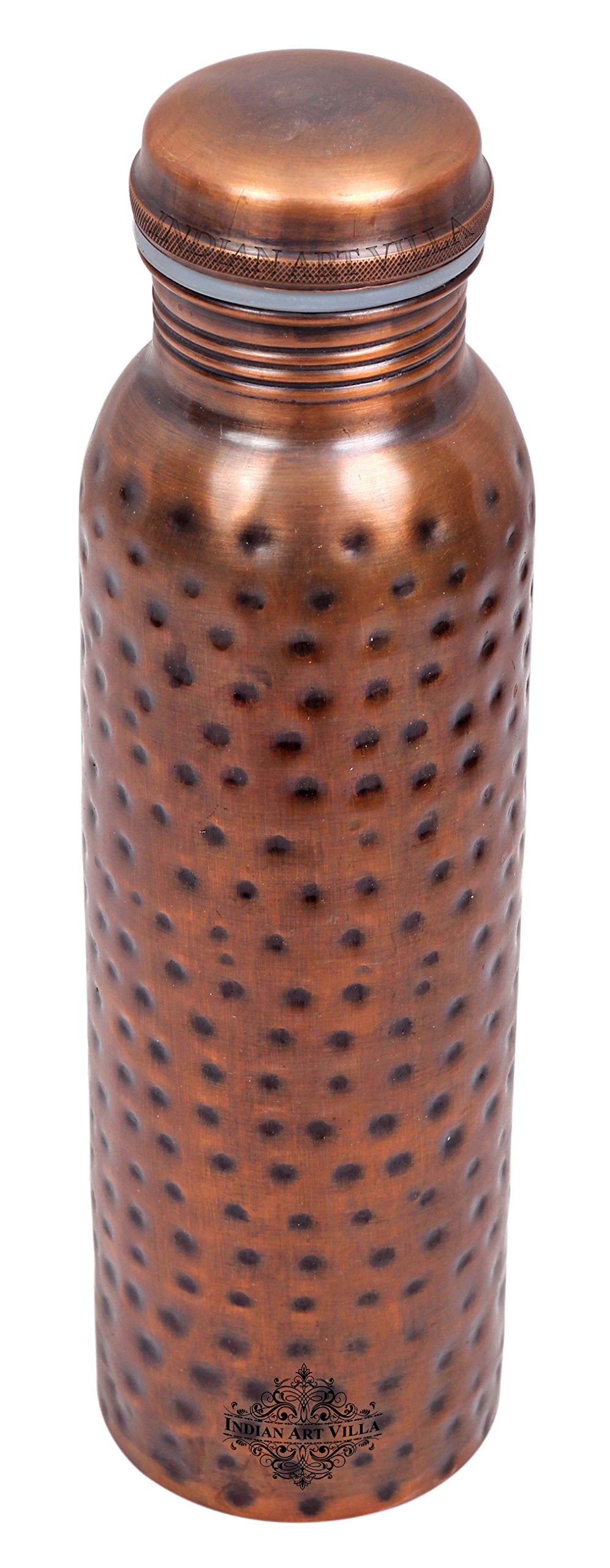 INDIAN ART VILLA Pure Copper Water Bottle with Antique Dark Hammered Design, Drinkware, Storage Purpose, Volume-900 ML