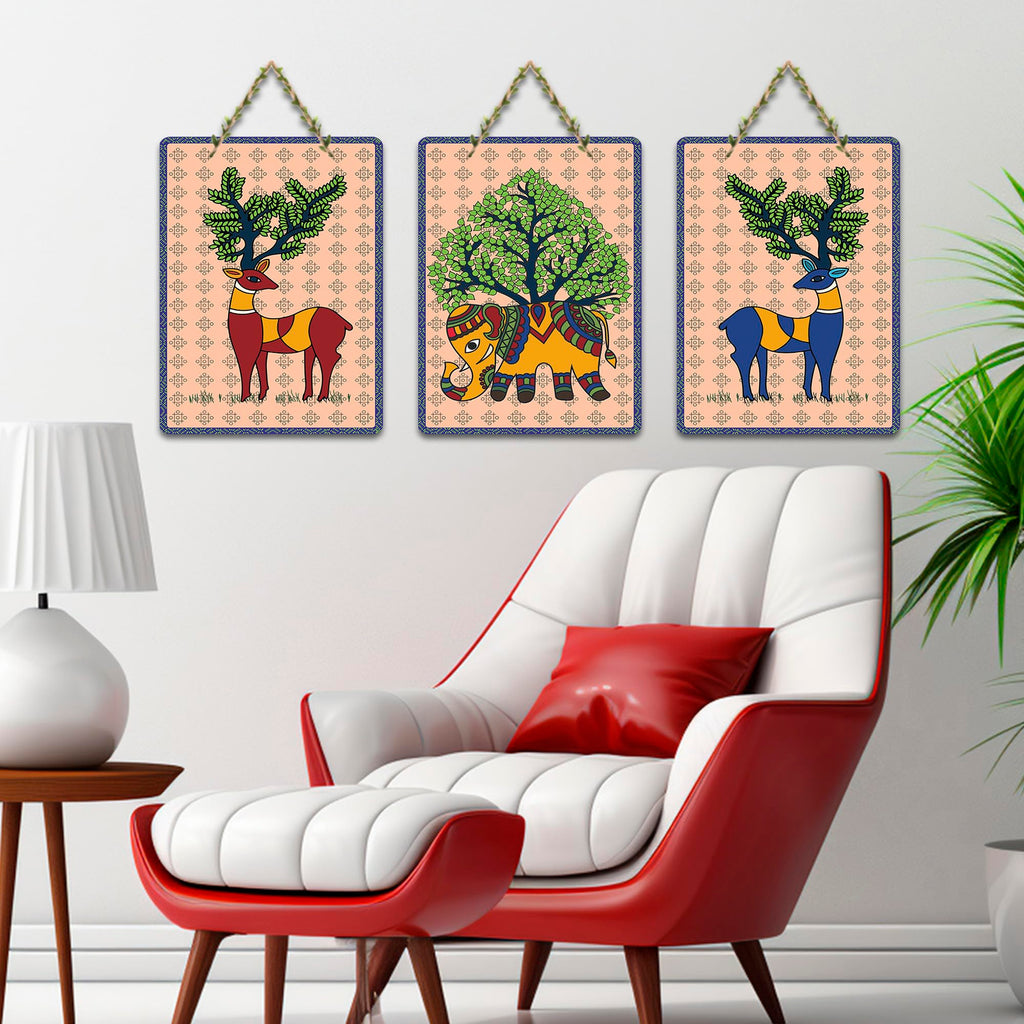 Artvibes Bond Between Nature & Animals Art Wooden Wall Hanger for Home Decor | Living Room | Office | Wall Art Painting For Hall | Graphic Artwork | Wall Art Print | Gift Items (WH_9683N), Set of 3