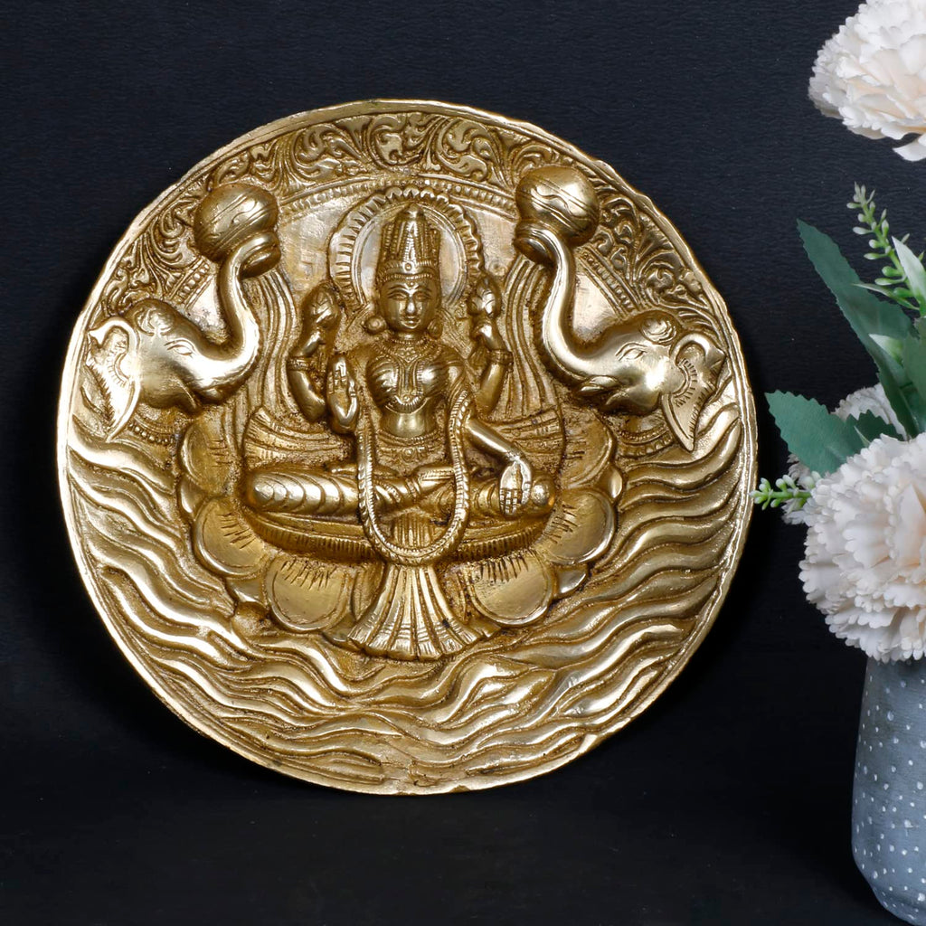 ARTVARKO Goddess Lakshmi Carved Brass Gajalakshmi Laxmi Devi with Elephant Idol Entrance Door Wall Decor for Home Office Gift 7.5 Inch.
