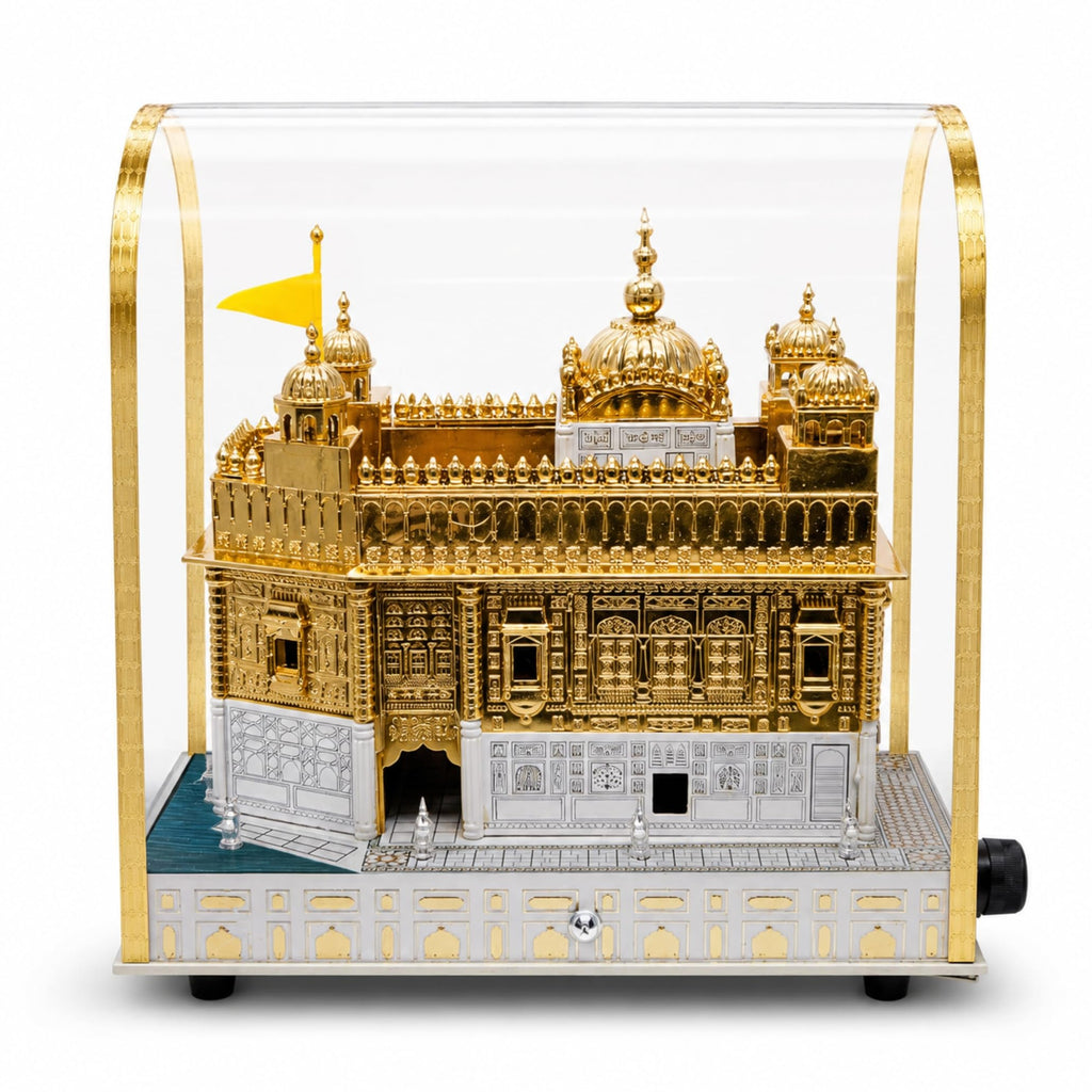 Golden Temple Replica Model with Acrylic Display Case, Inbuilt Mool Mantar Speaker, Gold & Silver Finish Decorative Showpiece for Home, Office & Religious Gift, 7 x 9 x 5 Inches