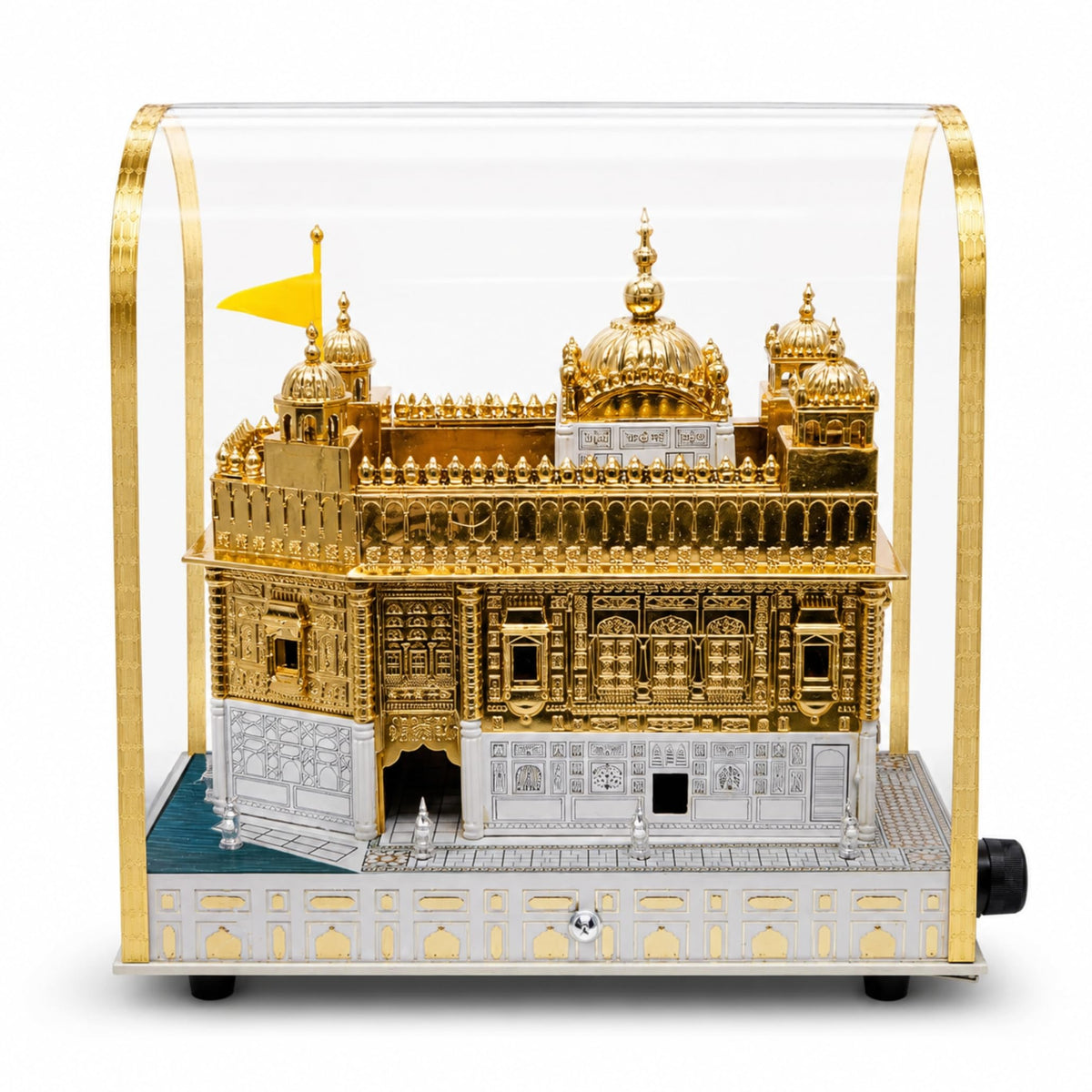 Golden Temple Replica Model with Acrylic Display Case, Inbuilt Mool Mantar Speaker, Gold & Silver Finish Decorative Showpiece for Home, Office & Religious Gift, 7 x 9 x 5 Inches
