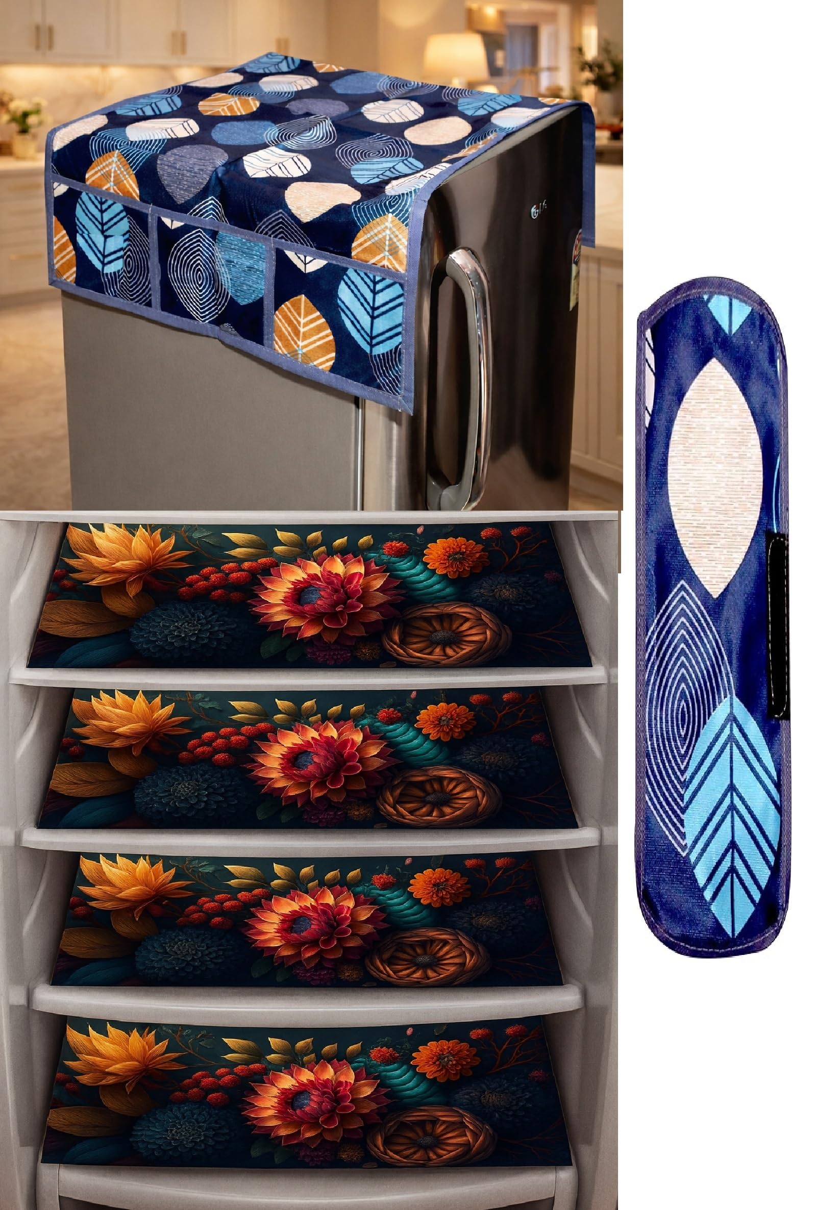 REVEXO Kitchen Combo Fridge Top Cover, 2 Piece Fridge Handle Cover, 4 Pcs Fridge Mats, (Set of 6 Piece) rev-05 Kafalo