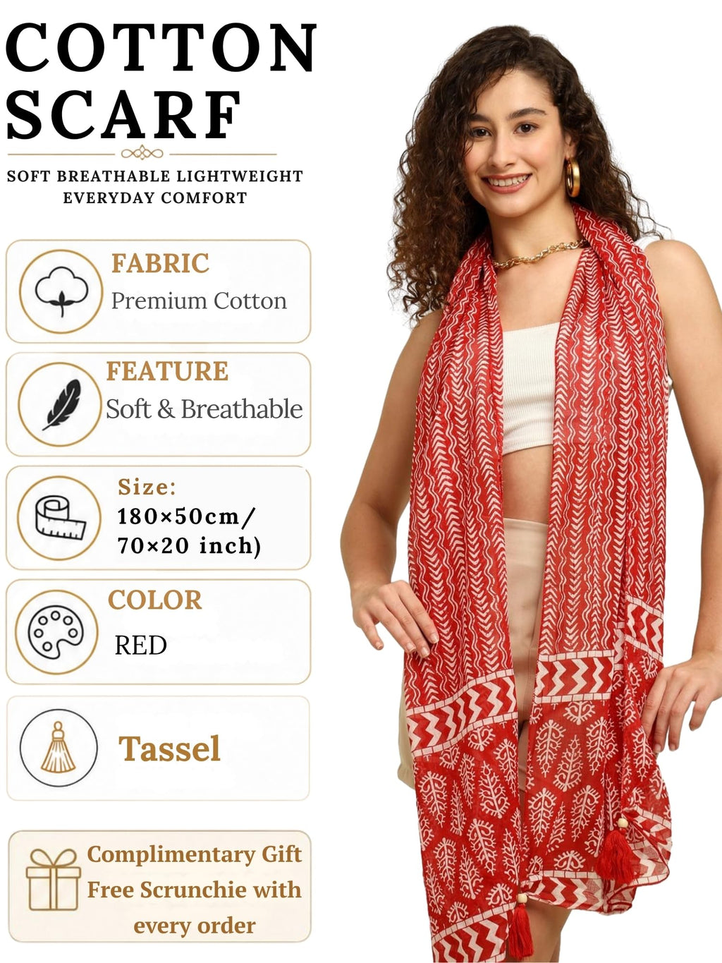KE KANHA EXPORTS Scarf for Women Premium Cotton Boho | Dual Tone Border Print Stole with Tassels | Lightweight Summer Beach Wrap 180 x 50 cm (Red) FREE Scrunchie Included