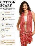 KE KANHA EXPORTS Scarf for Women Premium Cotton Boho | Dual Tone Border Print Stole with Tassels | Lightweight Summer Beach Wrap 180 x 50 cm (Red) FREE Scrunchie Included
