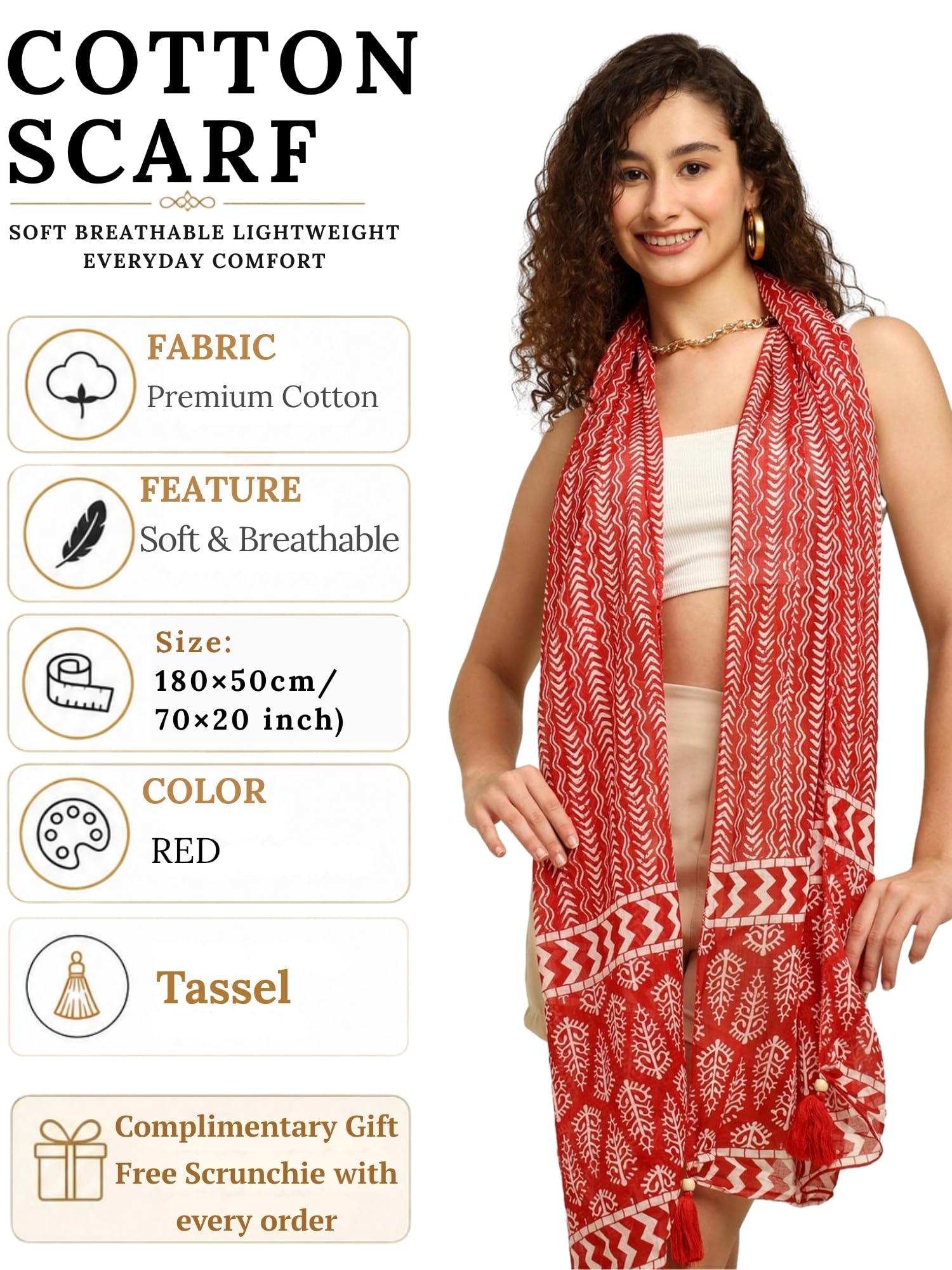 KE KANHA EXPORTS Scarf for Women Premium Cotton Boho | Dual Tone Border Print Stole with Tassels | Lightweight Summer Beach Wrap 180 x 50 cm (Red) FREE Scrunchie Included