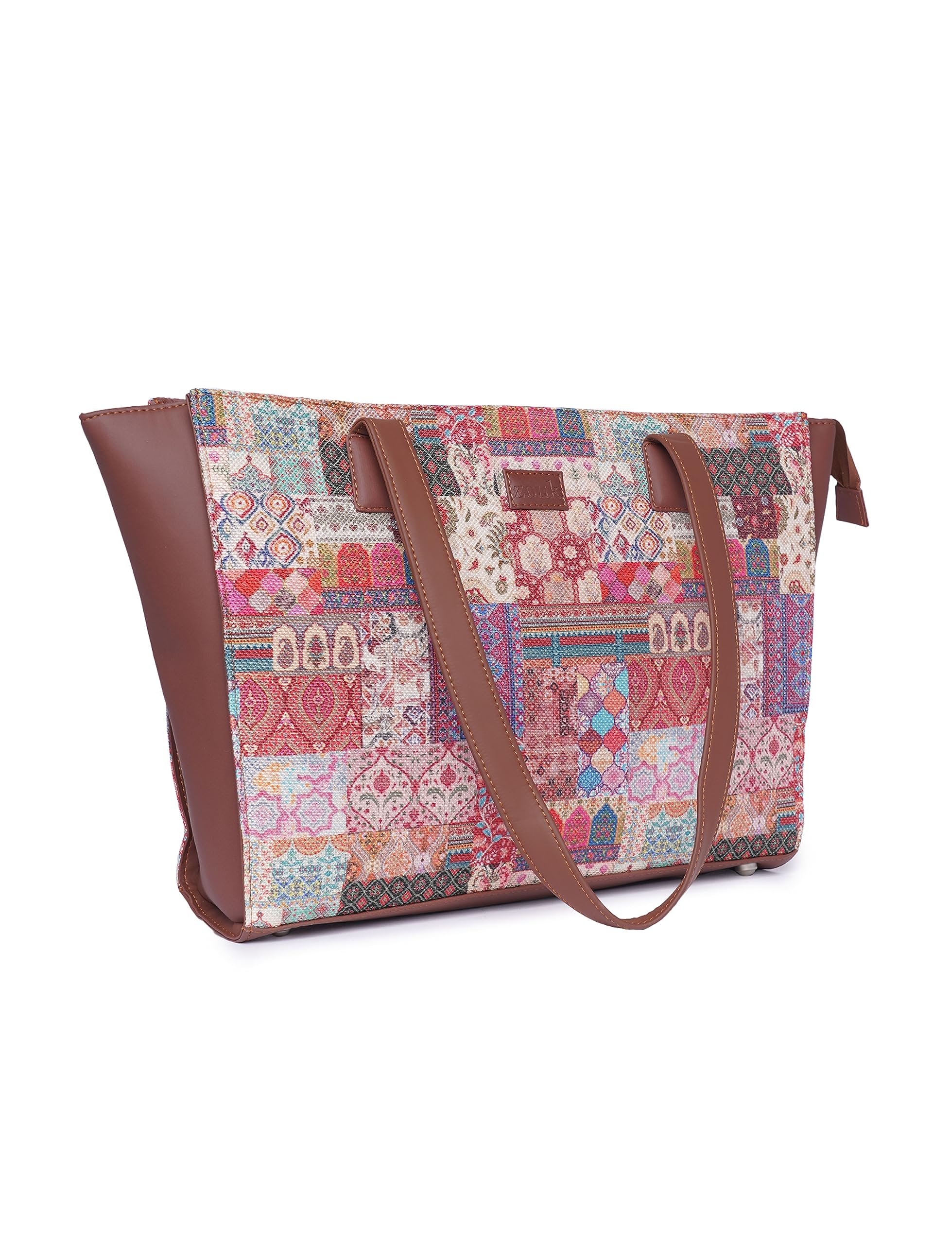 ZOUK Kutch Gamthi Abstract Printed Women Jute Vegan Leather Multicolor Office Tote Bag for Ladies With Laptop Compartment