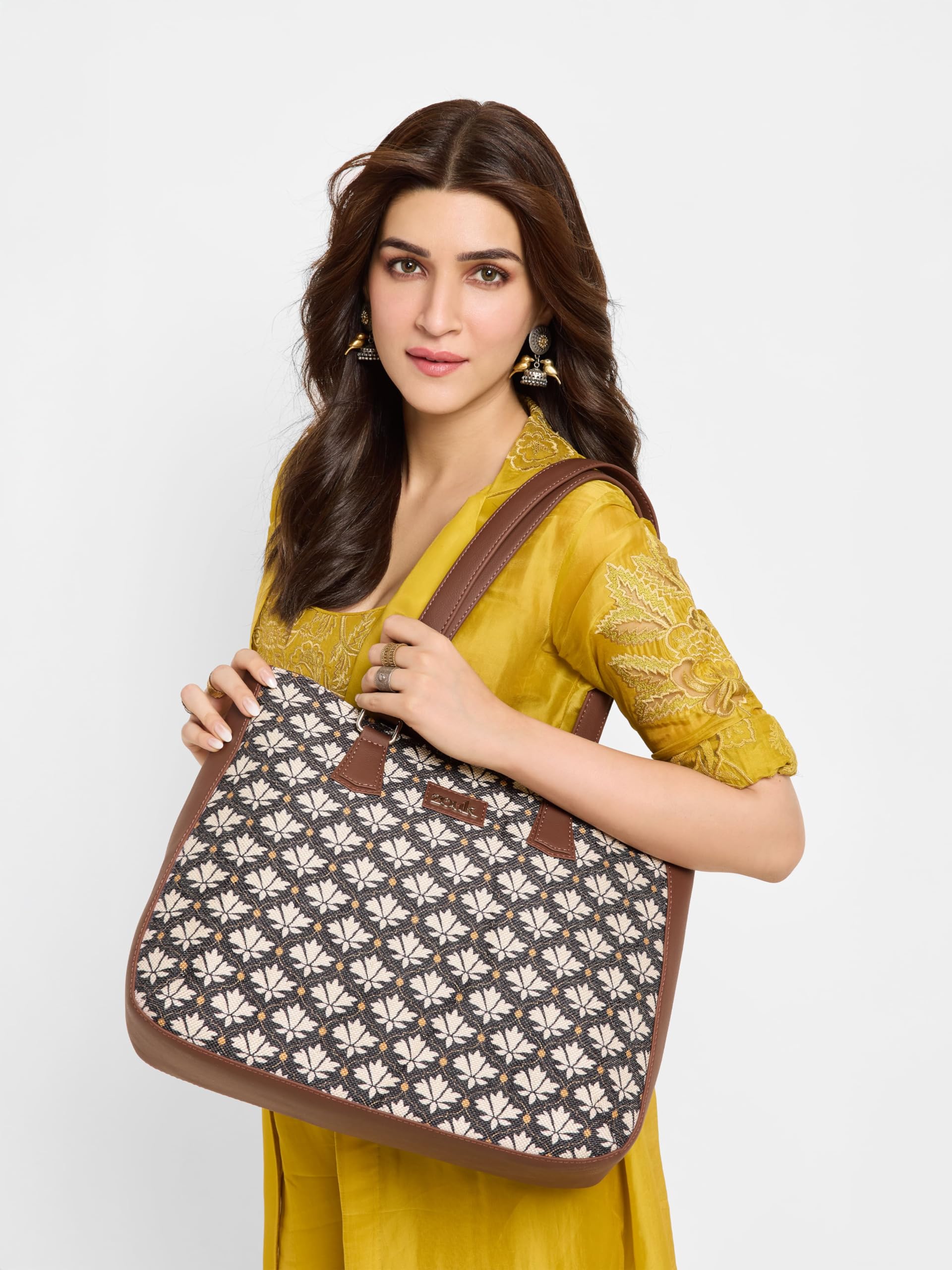ZOUK Bidri Kaiser Getaway Handbag | Jute | Vegan Leather Handcrafted Tote Bag | Black and White