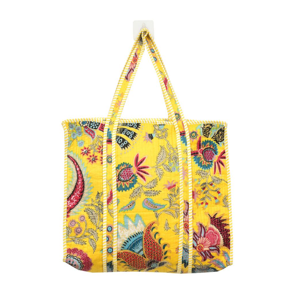 MITTICO Quilted Cotton Tote Bag for Women – Handmade Travel Shoulder Handbag with Zipper & Multiple Pockets | Lightweight & Durable Everyday Tote Bag | Yellow Floral Print